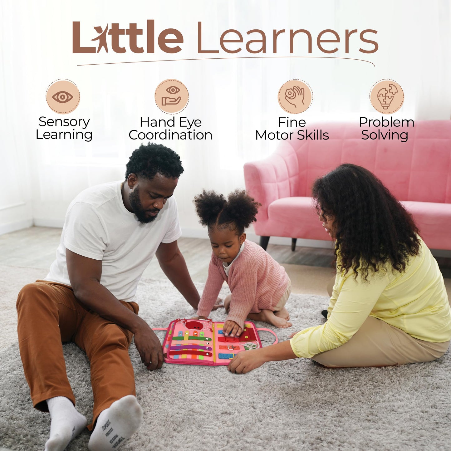 JAGSYJOY Montessori Busy Board Book, Toddlers, Sensory Activities and Preschool Learning - Toy for Home, Airplane and Car Travel (Pink)