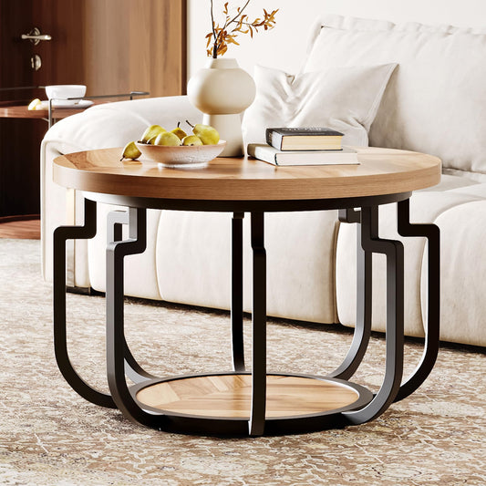 LIKEMET Round Coffee Table, 32" Circle Coffee Table for Living Room with 2-Tier Storage Shelves, Pumpkin Accent Center Table with Wood Grain Desktop for Living Room, Halloween