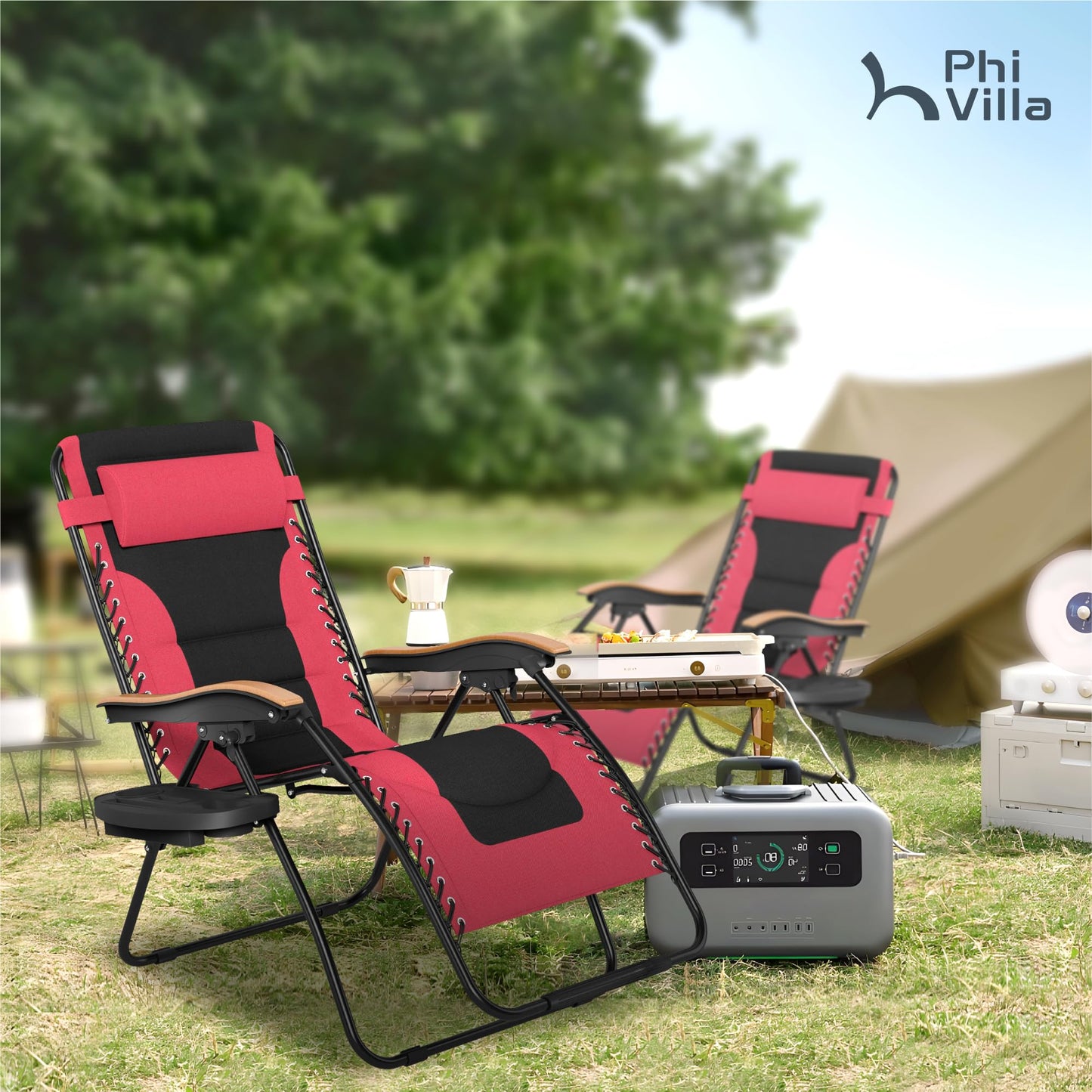 PHI VILLA XXL Oversized Padded Zero Gravity Chair, Foldable Patio Recliner, 30" Wide Seat Anti Gravity Lounger with Cup Holder, Set of 2, Support 400 LBS (Red)