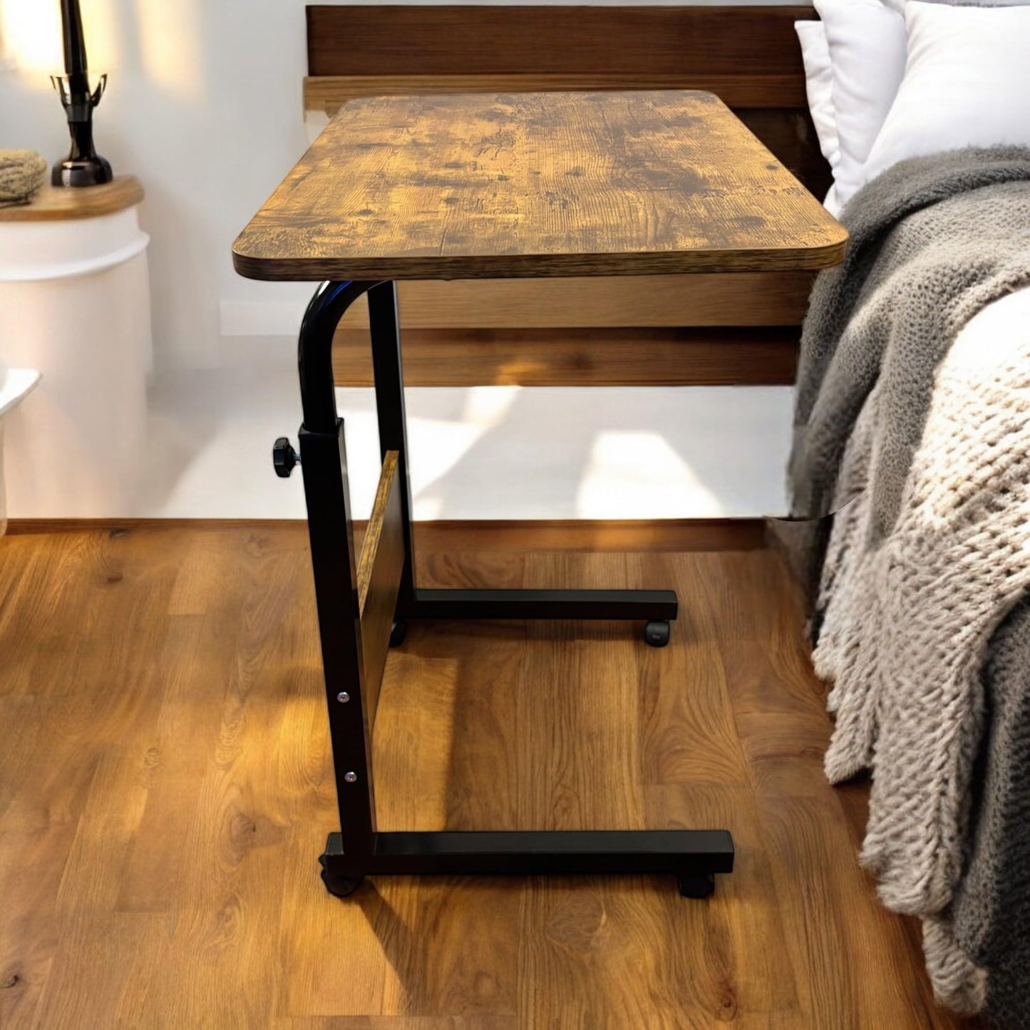 Tinymod Adjustable Mobile C-Shaped Table, 23.6-Inch Portable Laptop Desk with Wheels, Side Table for Bed, Couch, or Office, Rustic Brown