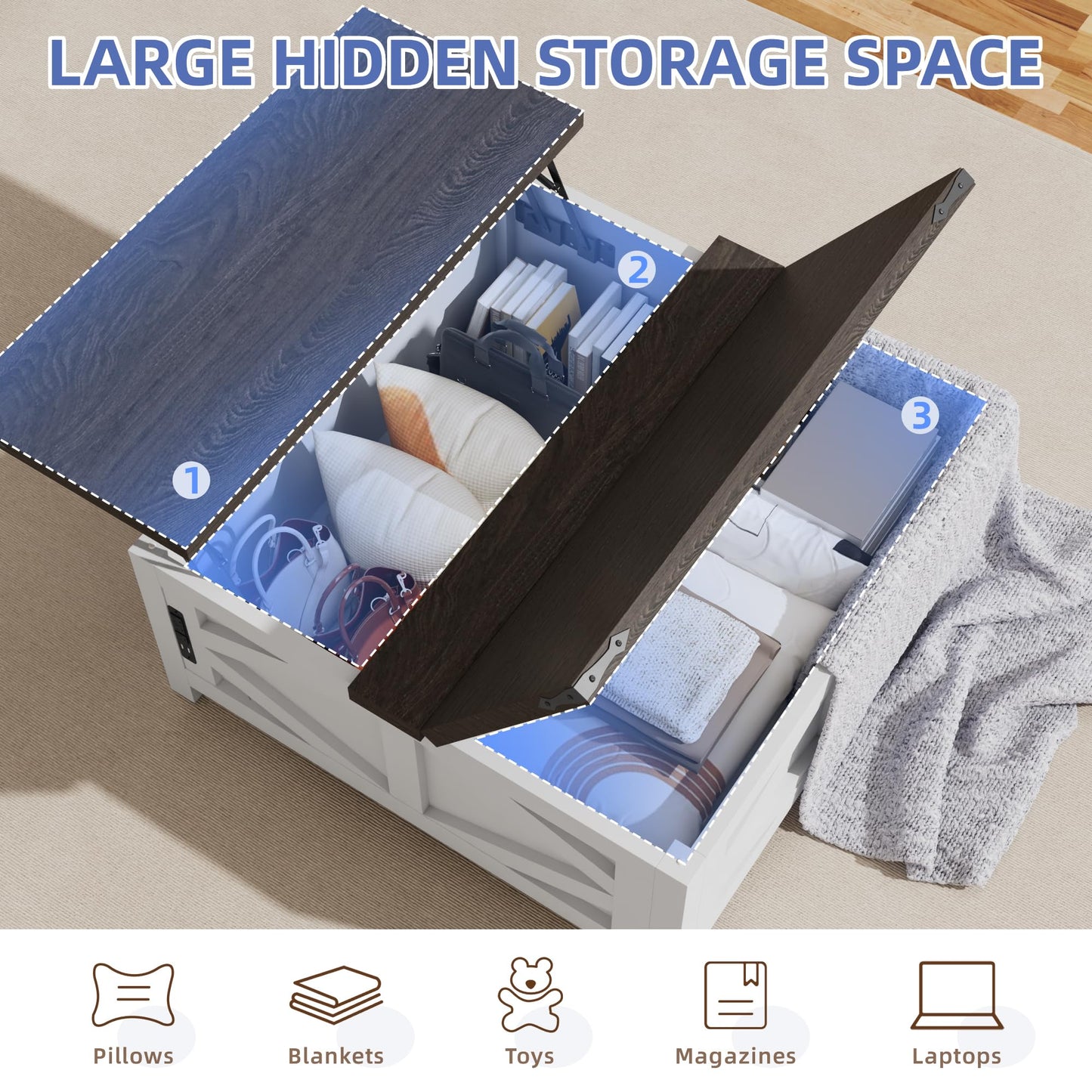 Buytime Farmhouse Lift Top Coffee Table with Storage, Wood Square Center Table with Charging Station, Living Room Table with Large Hidden Space, Rustic White