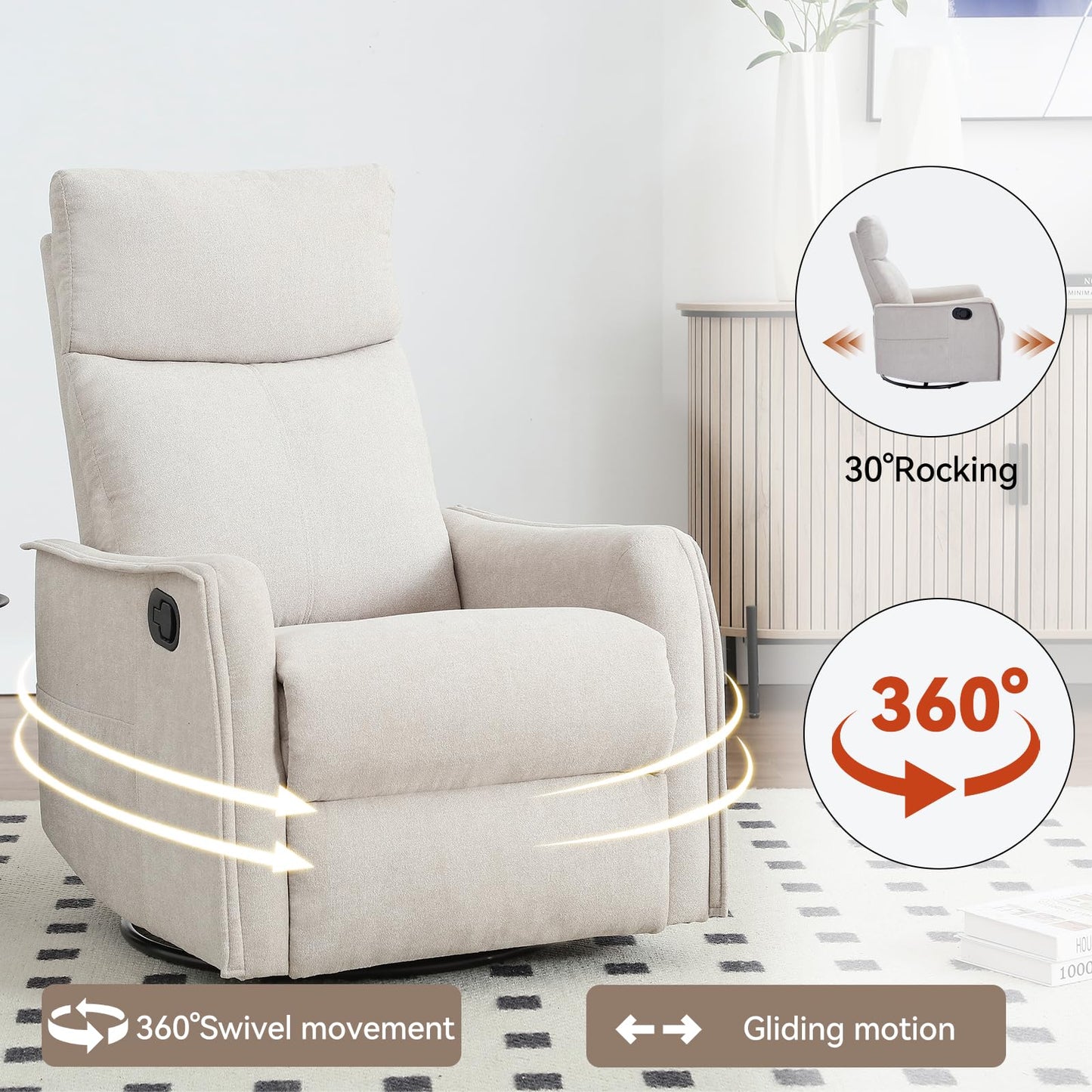 MYEYPEL 360°Swivel in Fabric Reclining Chairs,Heat Massage Manual Recliner Chair,Small Recliners Spaces,Single Lazyboy Recliner Sofa for Living Room,RV,Bedroom,Beige