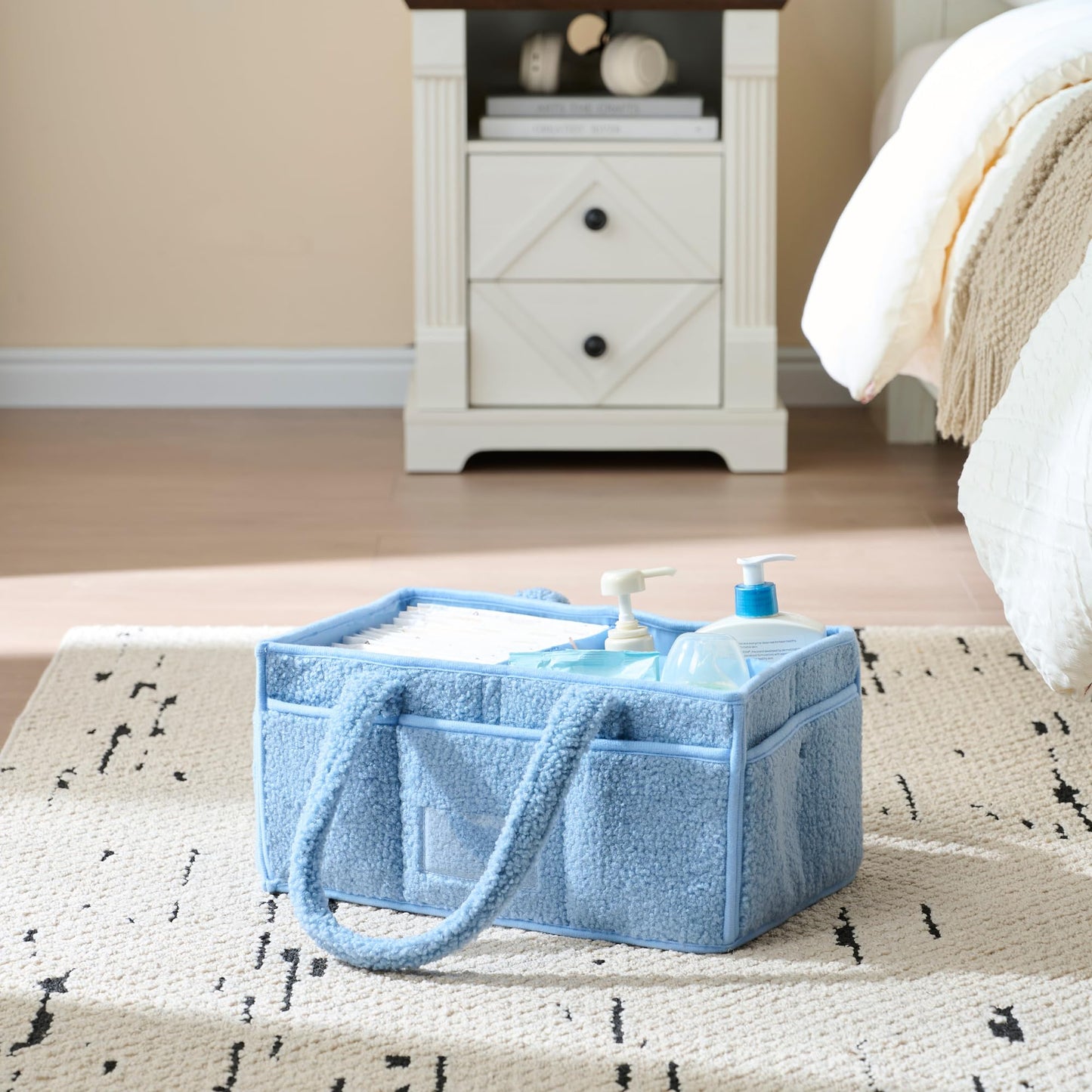 luxury little Diaper Caddy Organizer, Large Cotton Rope Nursery Baby Basket, Changing Table Organizer for Baby Diaper Storage, Portable Car Organizer with Removable Divider (Blue)