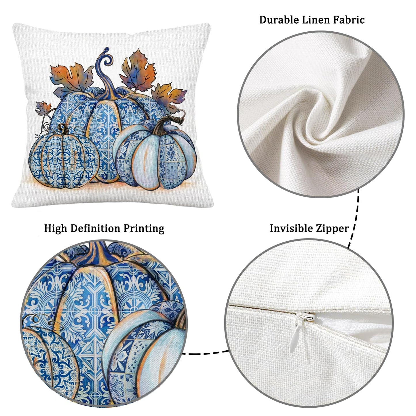 Puacino Fall Pumpjin Pillow Covers 18x18 Inch Set of 2, Blue Porcelain Pumpkin Decorative Pillow Cases for Couch Sofa, Autumn Harvest Farmhouse Decor Cushion Cover for Thanksgiving Home Decoration