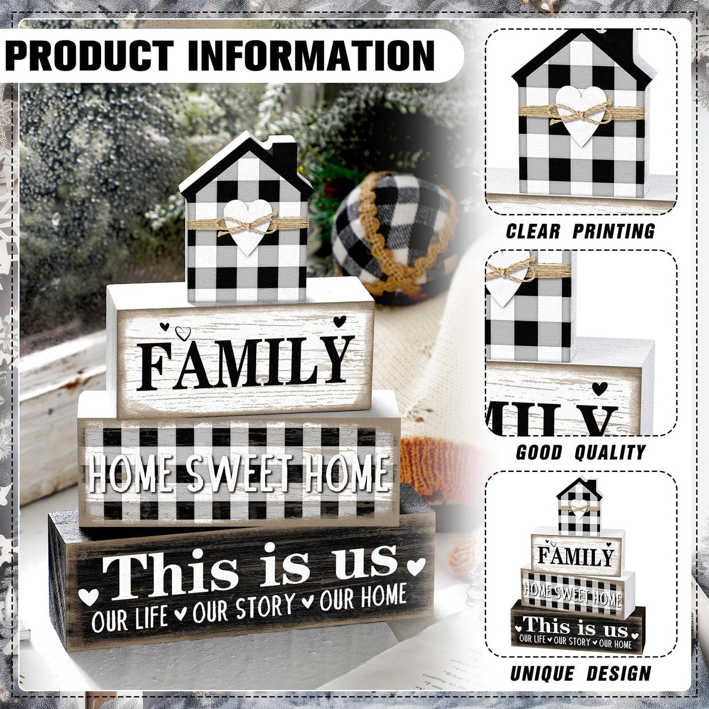 Cinnvoice Farmhouse Wooden Tabletop Decor Rustic Home Sweet Home Table Centerpieces This Is Us Block Sign Black and White Buffalo Plaid Table Decor for Kitchen Shelf Desk Mantel Tiered Tray Decoration