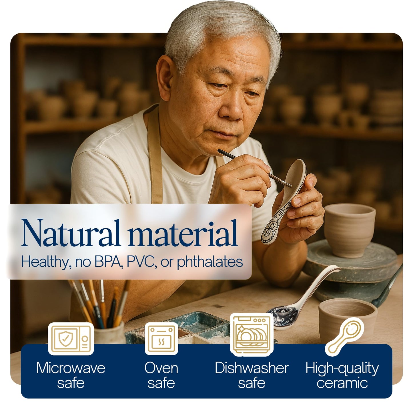 KHOI NGUYEN Asian Soup Spoon Set of 4, Ceramic Pho Spoons, Ramen Spoon, Chinese Soup Spoons, Vietnamese Gifts, Non-Slip, Dishwasher Safe for Ramen, Pho, Wonton, Miso, Dumplings, 4pcs