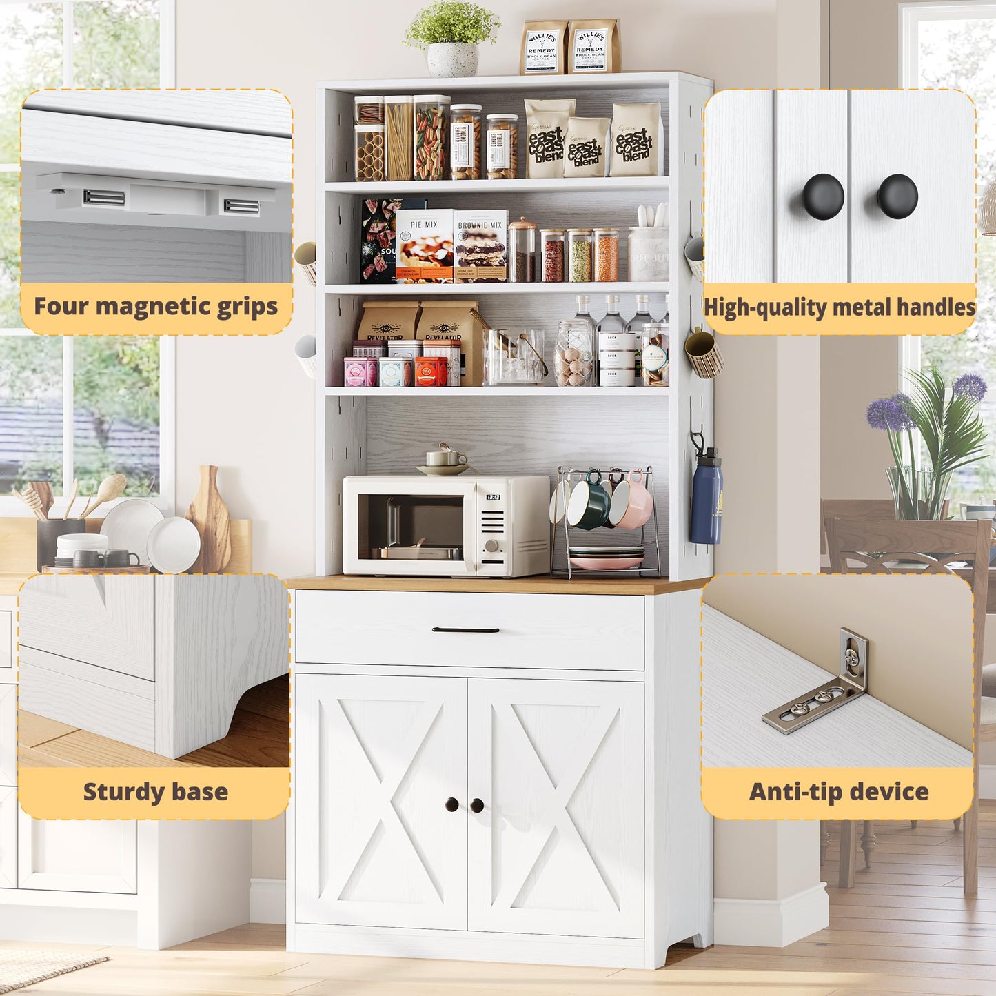 IRONCK Bakers Rack Microwave Stand with Storage and Pegboard, 71" Farmhouse Coffee Bar Cabinet with Drawer, Barn Doors, Adjustable Shelves for Kitchen, Dining Room, Living Room, White