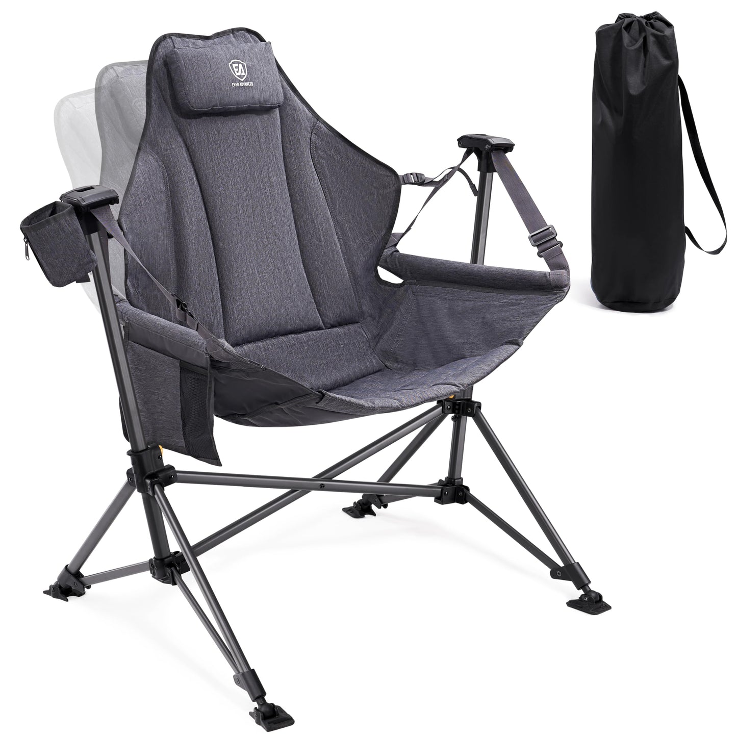 EVER ADVANCED Padded Hammock Camping Chair, Oversized Heavy Duty Swing Chair with Detachable Cup Holder, Portable Folding Rocking Camping Chair, Support Up to 400lbs, Grey
