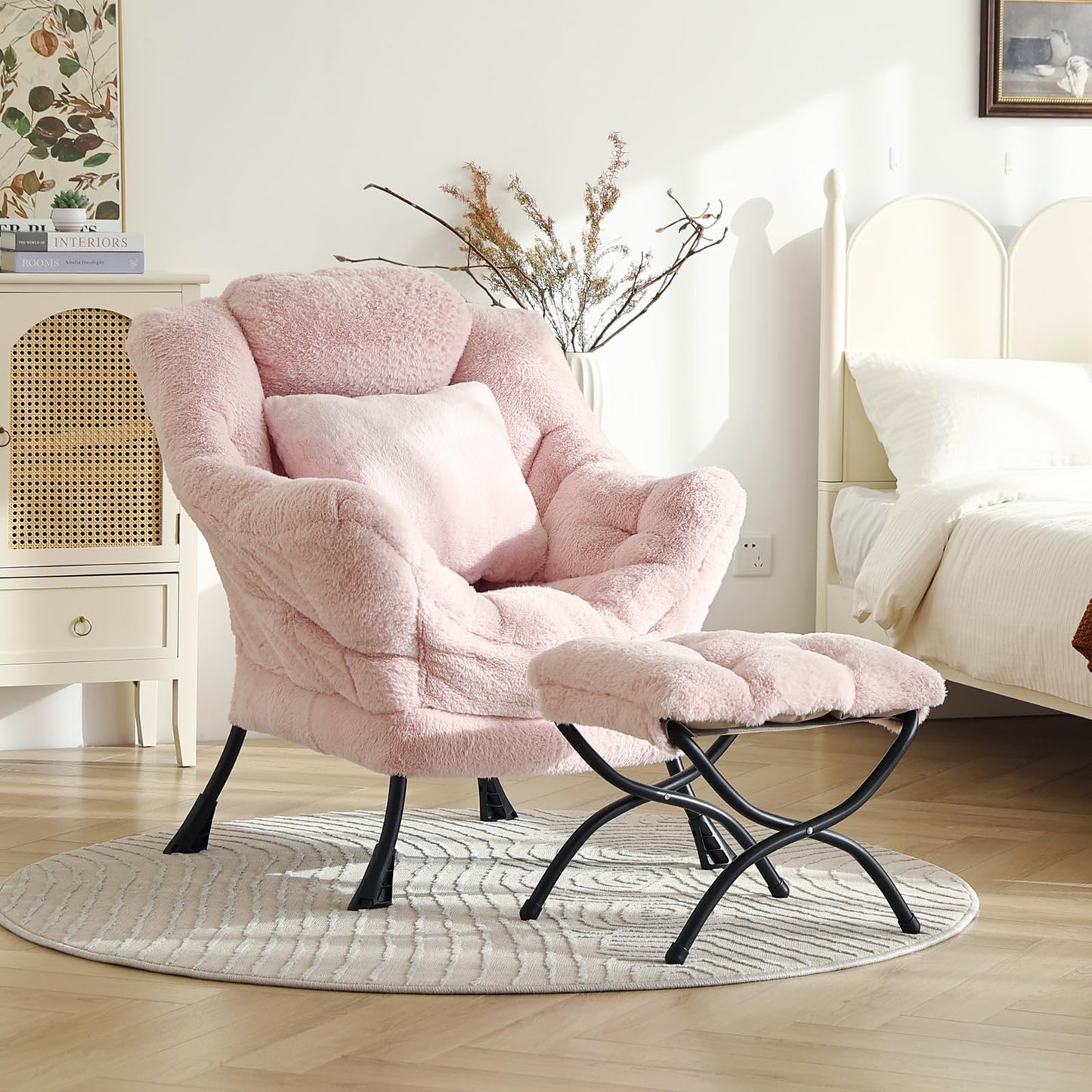 HomEastlly Large Lazy Chair with Ottoman, Accent Reading Chair with a Throw Pillow, Cozy Lounge Chair with Armrest, Leisure Sofa Chair for Living Room, Bedroom, Dorm, Plush Pink