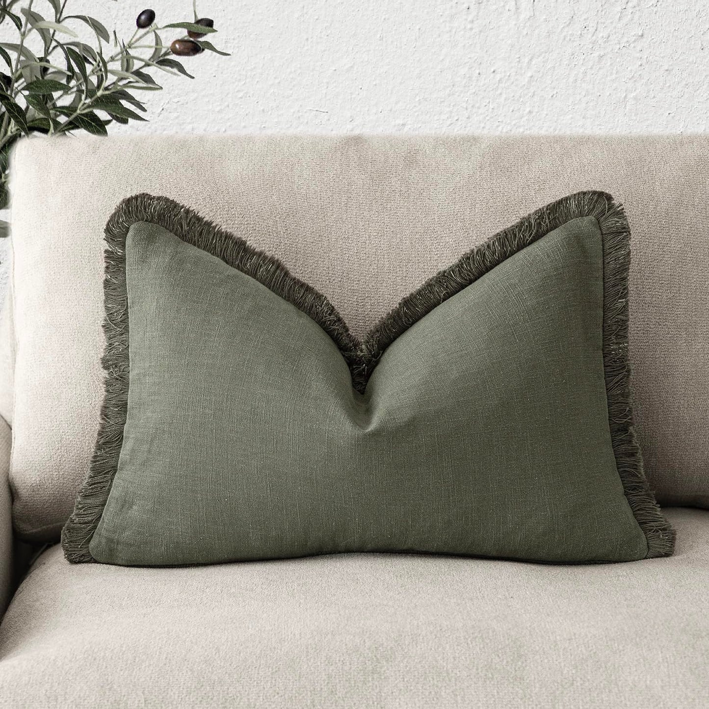 Foindtower Decorative Linen Fringe Lumbar Throw Pillow Covers Cozy Boho Farmhouse Cushion Cover with Tassel Soft Accent Pillowcase for Sofa Bed Living Room Home Decor, 12×20 Inch, 1PC, Olive Green