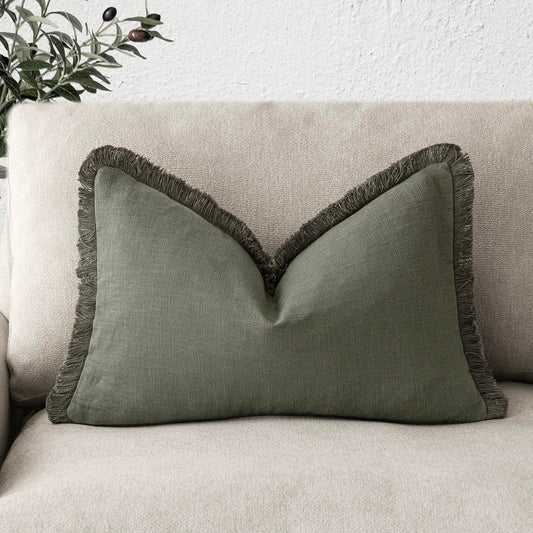Foindtower Decorative Linen Fringe Lumbar Throw Pillow Covers Cozy Boho Farmhouse Cushion Cover with Tassel Soft Accent Pillowcase for Sofa Bed Living Room Home Decor, 12×20 Inch, 1PC, Olive Green