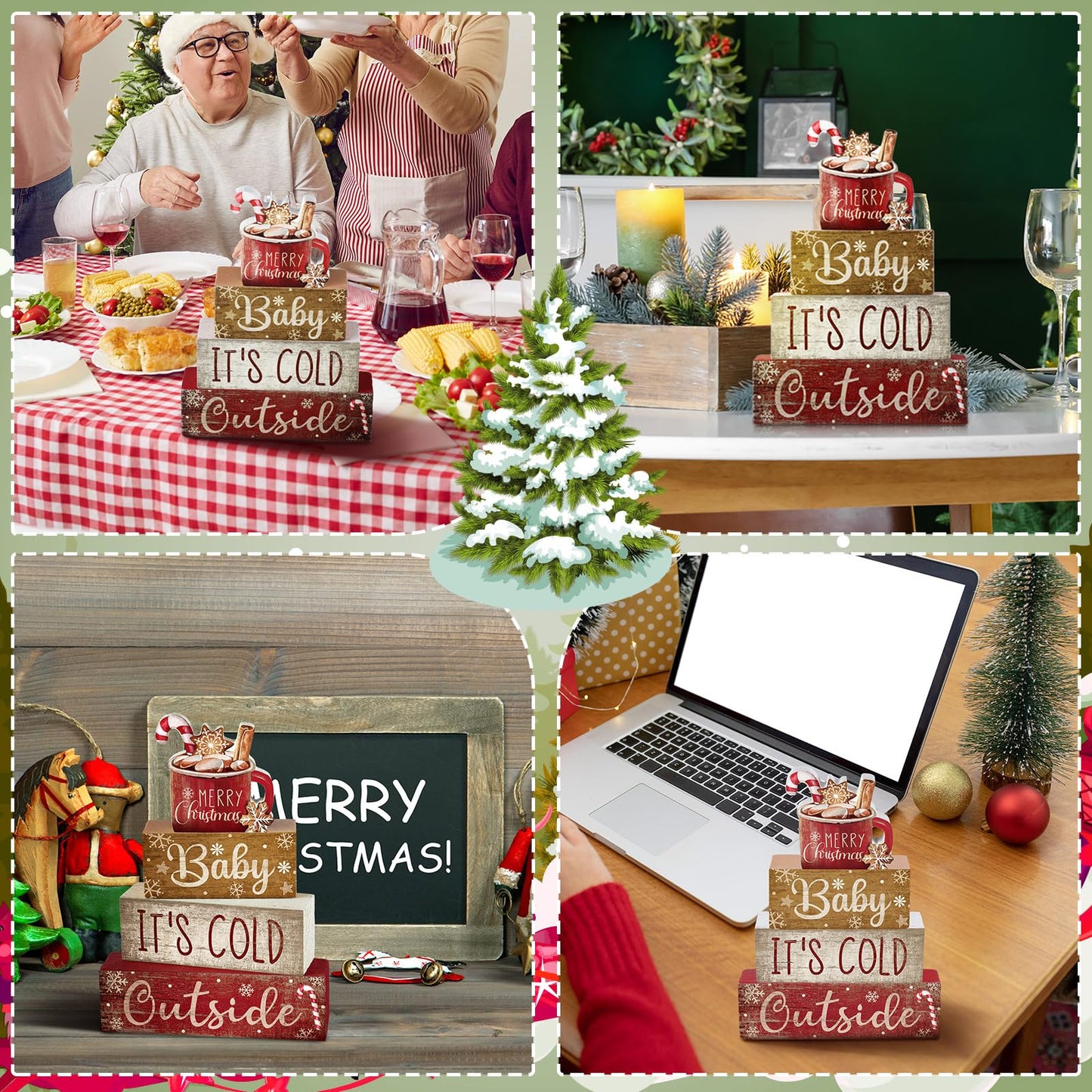 Moucuny 4 Pcs Christmas Table Decor Wooden Hot Cocoa Decoration Christmas Centerpiece Winter Tiered Tray Decor Decorative Red Hot Cocoa Block Signs Gift Farmhouse Xmas Decoration for Home Kitchen