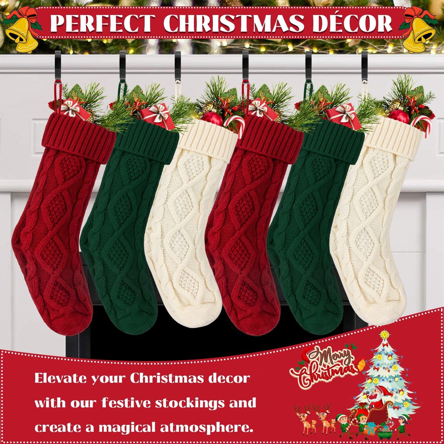 TOVERKAU 18 Inches Christmas Stockings 6 Pack, Traditional Knitted Xmas Hanging Stockings, Red, Ivory, Green, Christmas Holiday Party Decoration