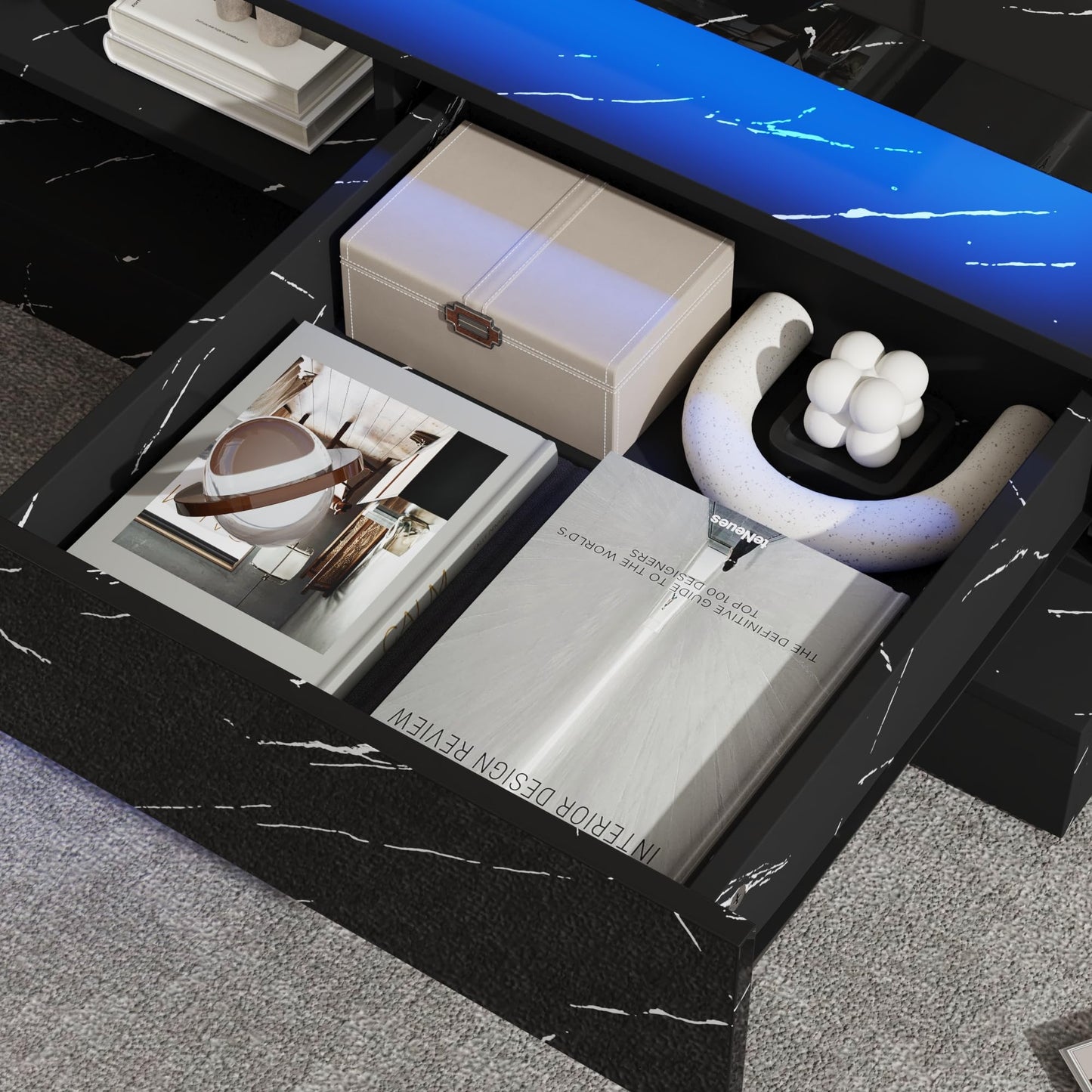 47.2 inch Modern High Glossy LED Coffee Table with 2 Sliding Drawers, Double-Layer Center Tables with LED Lights for Livings Room Furniture, Black