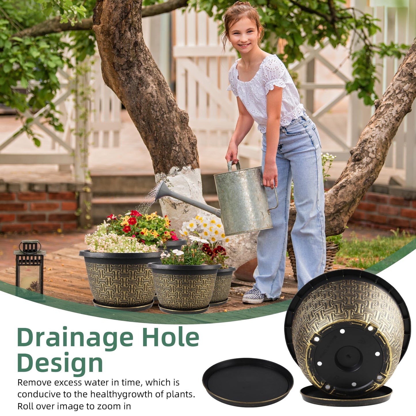 Nooulap 4 Pack 12 Inch Plant Pots,Large-Plant-Flower-Planters-Plastic, Flower Pots Outdoor Indoor with Drainage Holes & Trays, Retro Antique Imitation Decorative Garden Sets for Houseplants