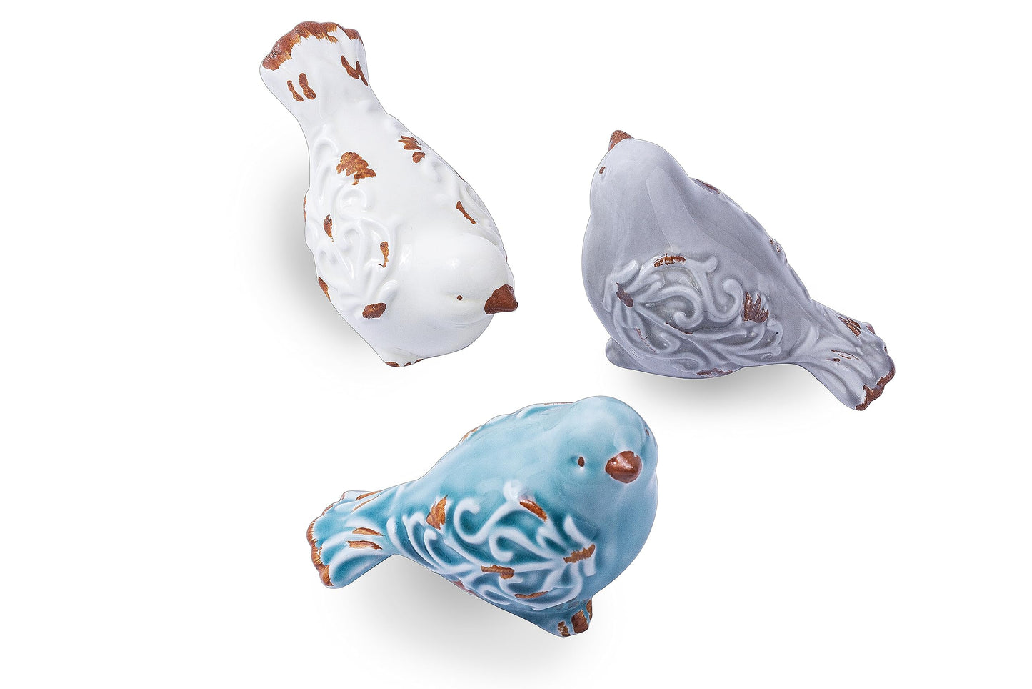 FICITI Distressed Finish Ceramic Bird Figurine Home Decor - Assorted Set of 3