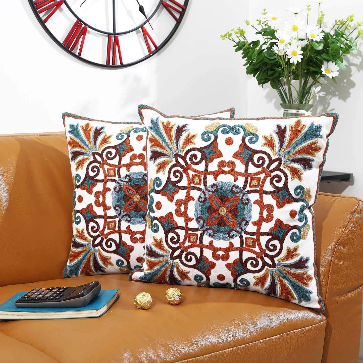 Oneslong Decorative Throw Pillows Cover 18x18inch Pack of 1 Embroidered Pattern 100% Cotton Couch Pillow Covers for Living Room Sofa Chair