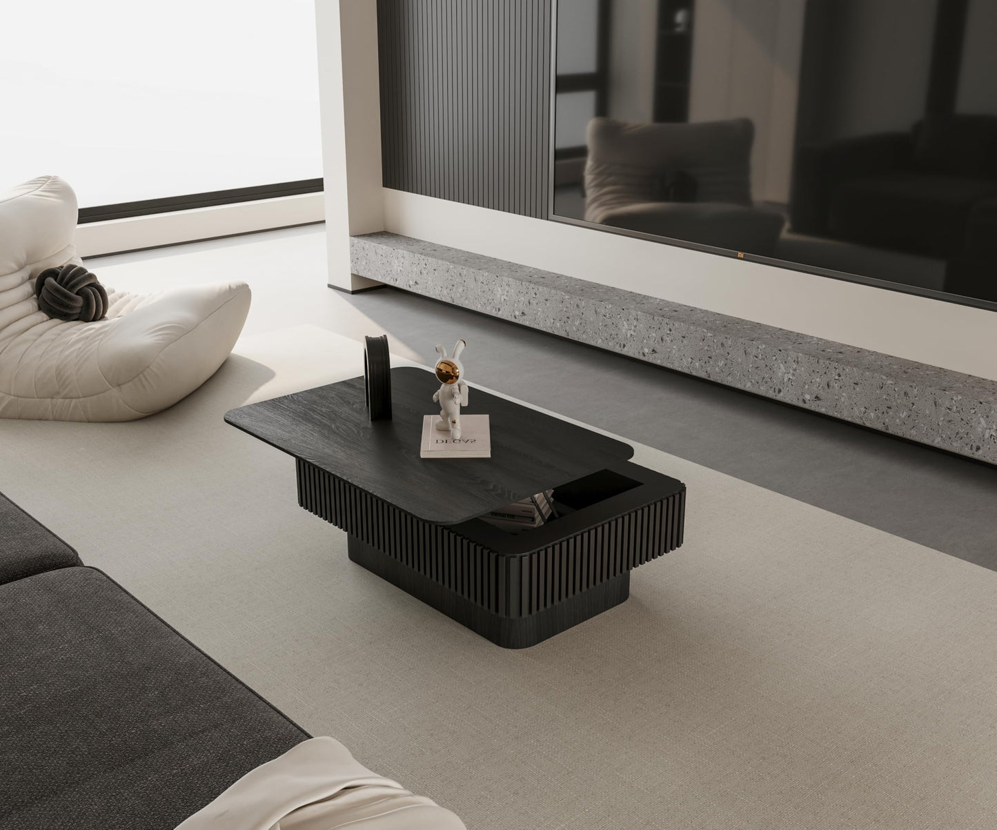 Black Coffee Table with Lifting Top Storage for Living Room,Fluted Lift Up Coffee Tables with Storage Solid Wood Center Table 38.6'' Modern Smart Rectangular Lift Up Tabletop for Apartment Office