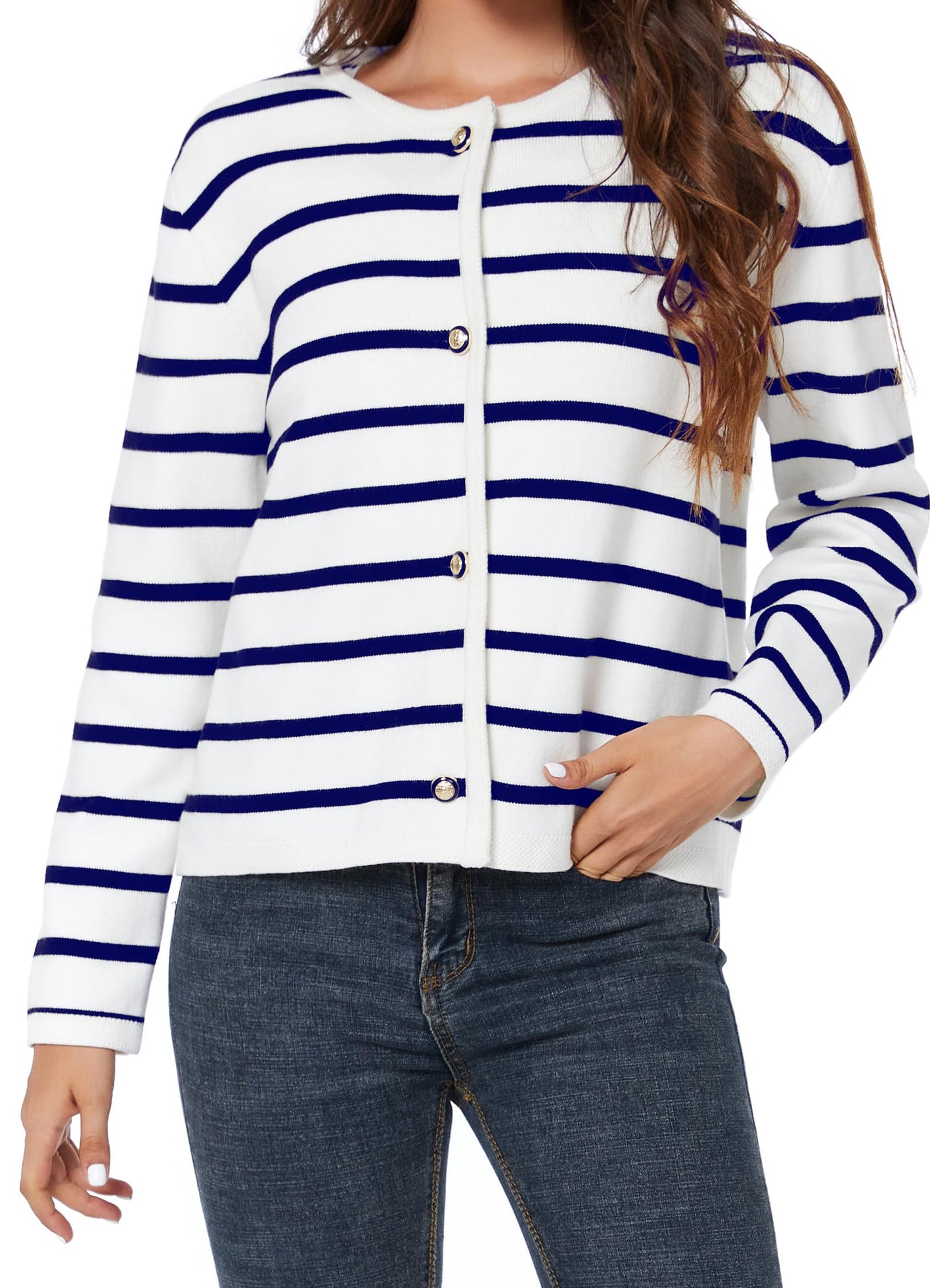LATAHUO Women's Striped Cardigan Sweater Trendy Long Sleeve Button Down Crewneck Knit Cardigans(Navy+White, Medium)
