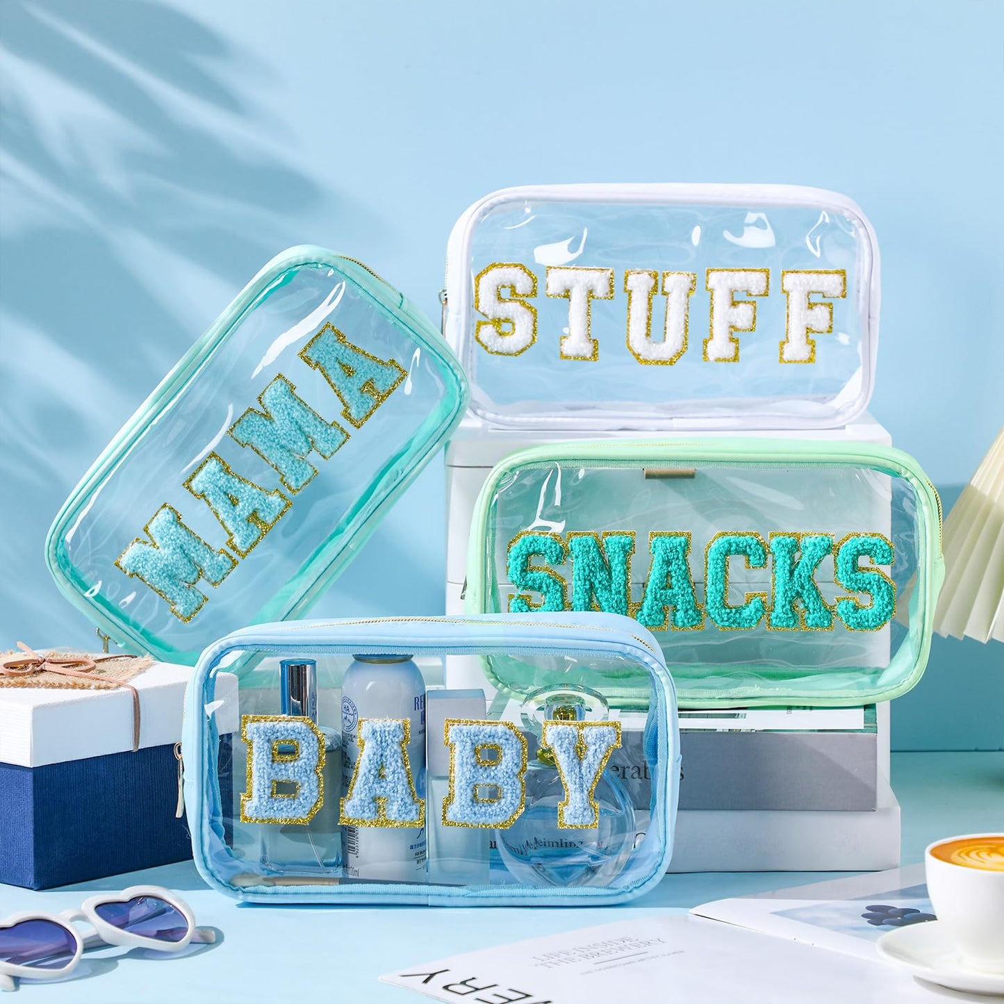 SilTriangle 4 Pcs Mama and Baby Toiletry Bag Clear Chenille Letter Pouch Snacks Makeup Stuff Travel Diaper Bag Preppy Transparent Pouch with Zipper for Women Gift(Fresh Color)