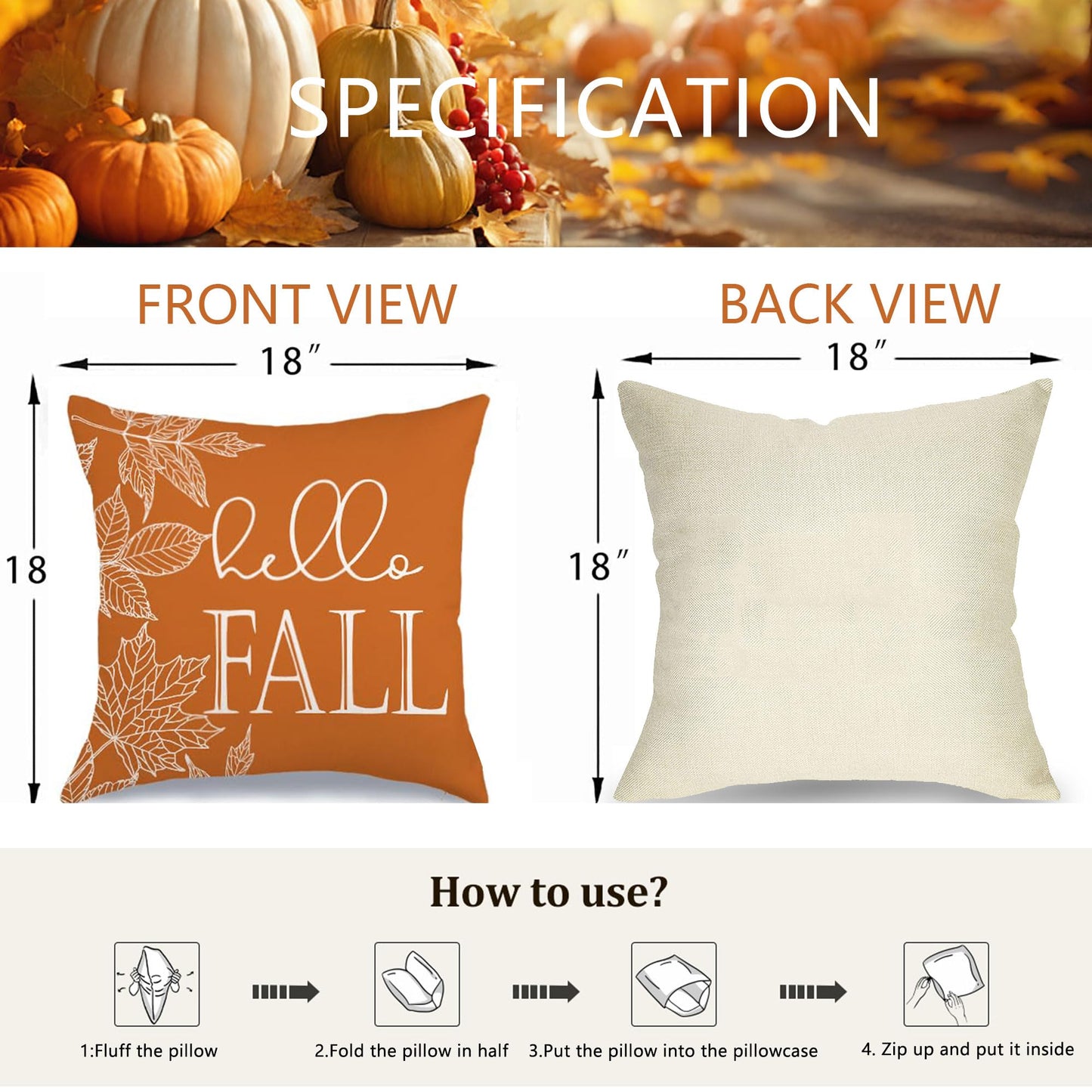 VORA Fall Pillow Covers 18x18 Thanksgiving Pillow Covers Set of 4, Orange Decorative Throw Pillow Covers with Pumpkin Outdoor Fall Farmhouse Decorative, Thanksgiving Themed for Couch