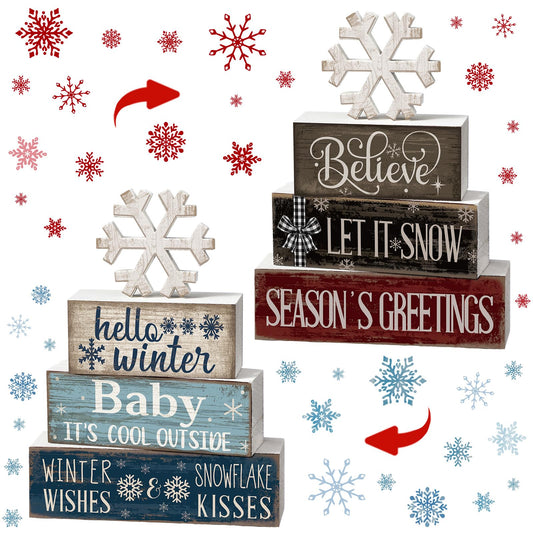 Moucuny 4 Pcs Winter Decorations for Home Reversible Christmas Winter Table Sign Wooden Snowflake Decoration Double Side Christmas Tiered Tray Decor Holiday Table Centerpiece for Xmas Home Decor
