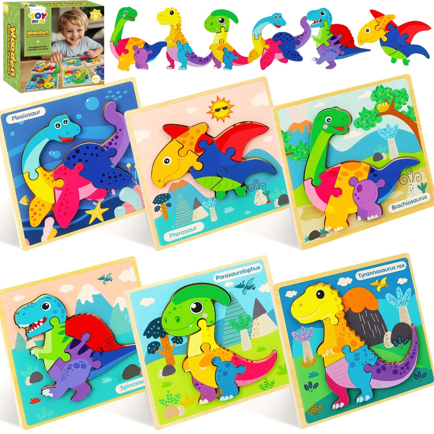 TOY Life Wooden Puzzles for Toddlers 2-4, 6 Pack Dinosaurs Puzzles for Toddler 1-3, Kids Montessori Toys for 1 2 3 Year Old, Educational Toys for Boys Girls Age 2 3 4 5, Baby Learning Toy Gifts