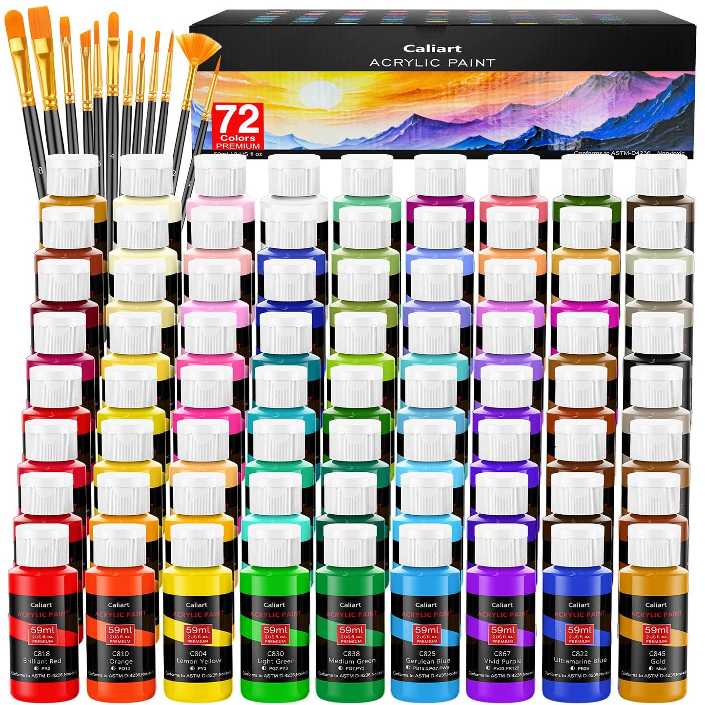 Caliart Acrylic Paint Set With 12 Brushes, 36 Colors (59ml, 2oz) Art Craft Paints Gifts for Artists Kids Beginners & Painters, Halloween Pumpkin Canvas Ceramic Rock Painting Kit Art Supplies