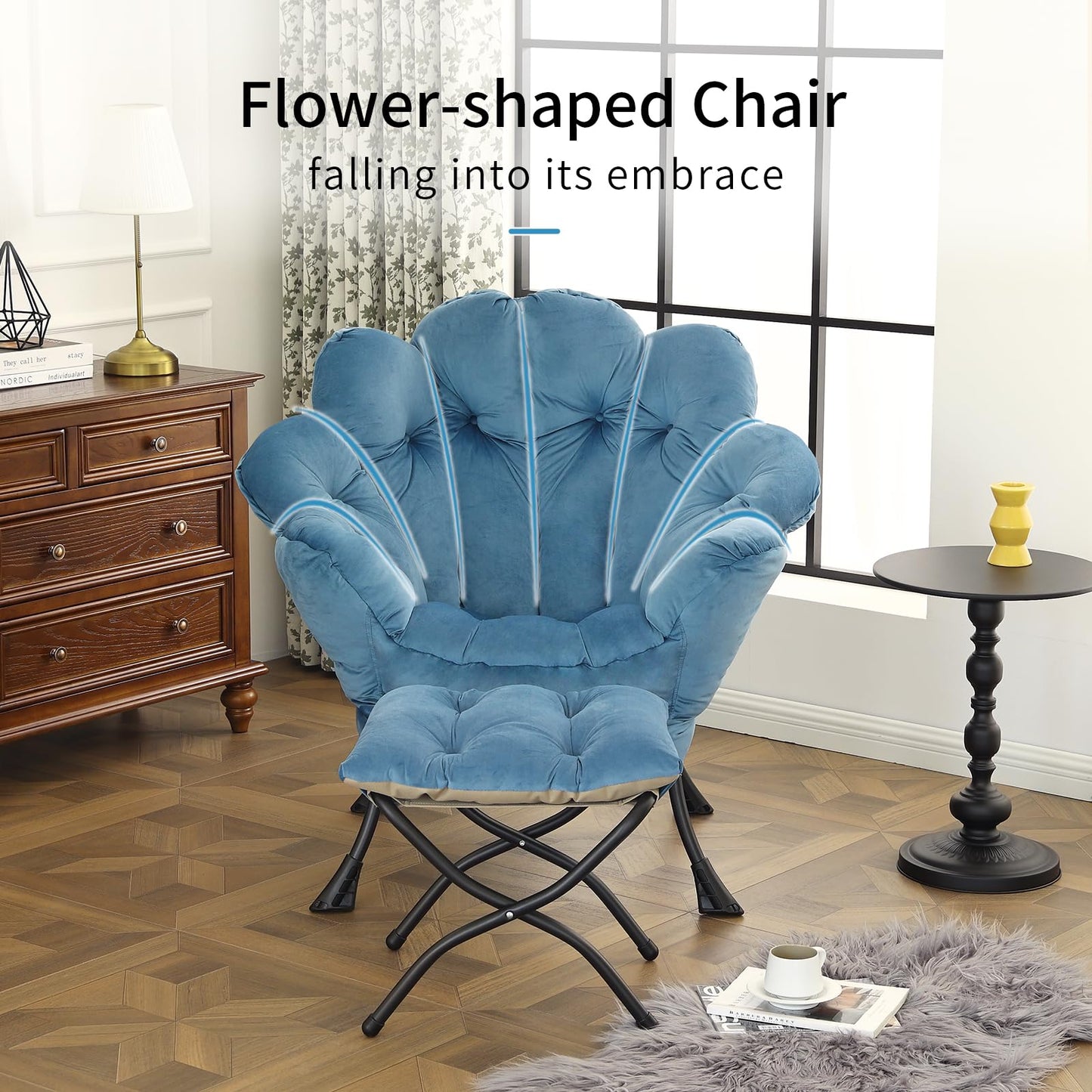 Furlide Lazy Chair with Ottoman, Modern Floral Reading Chair with Folding Footrest, Lounge Accent Chairs, Comfortable Oversized Armchairs for Bedroom, Living Room, Courtyard, Velvet Light Blue