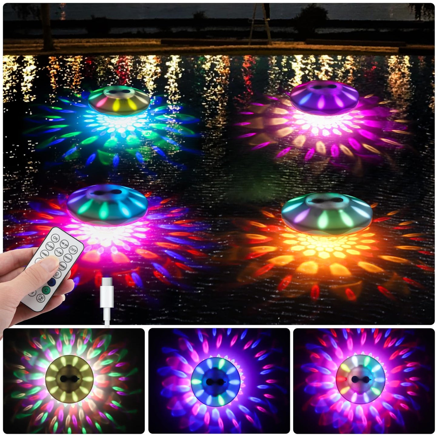 QOLNBY Floating Pool Lights, Pool Light with 6 Dynamic Lighting Effects, IP68 Waterproof Pool Lights That Float, Rechargeable RGB Upper and Lower Color Changing Lights for Hot Tub, Patio 4 Pack