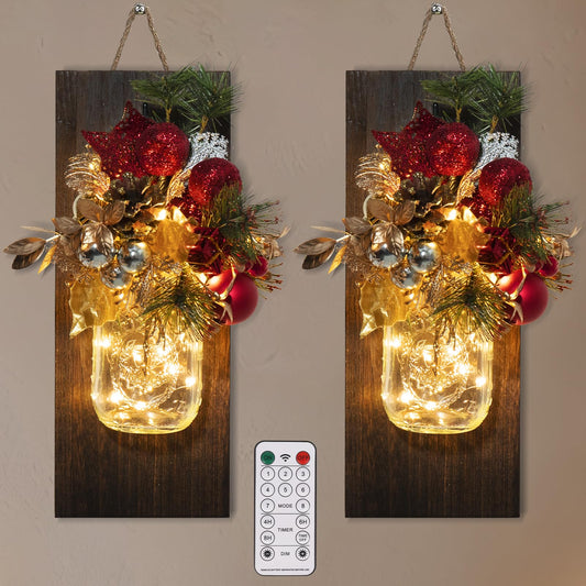 TqsMsp 2Pcs Christmas Mason Jar Wall Sconces, Handmade Rustic Wall Sconces with Remote Control Timer LED Fairy Lights and Red Berry Flowers, Hanging Mason Jar for Xmas Rustic Home Wall Decor (Gold)