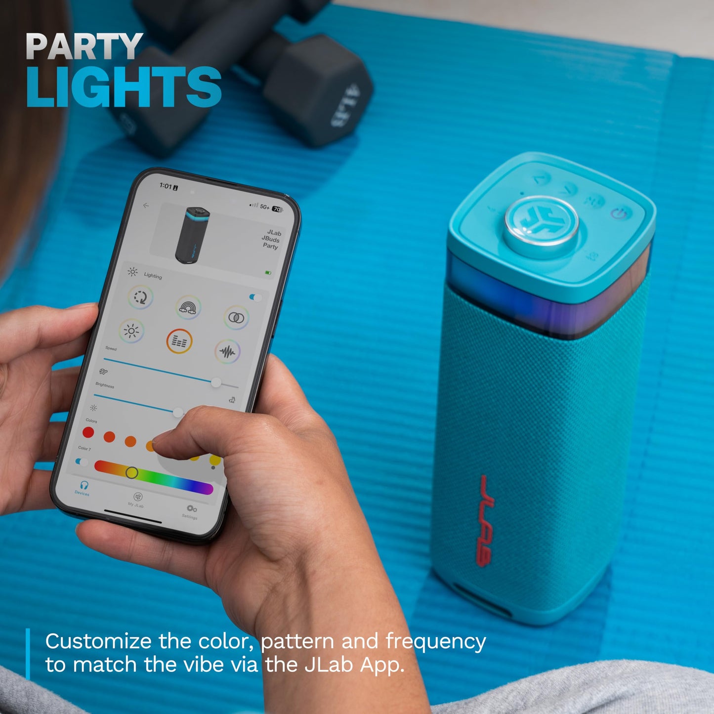 JLab JBuds Party Portable Bluetooth Speaker, 2 Full-Range Drivers + 2 Passive Woofers, IPX6 Waterproof, 12 Hours Playtime, Connect Multiple Speakers, Custom Sound + RGB Lighting via App, Cyan