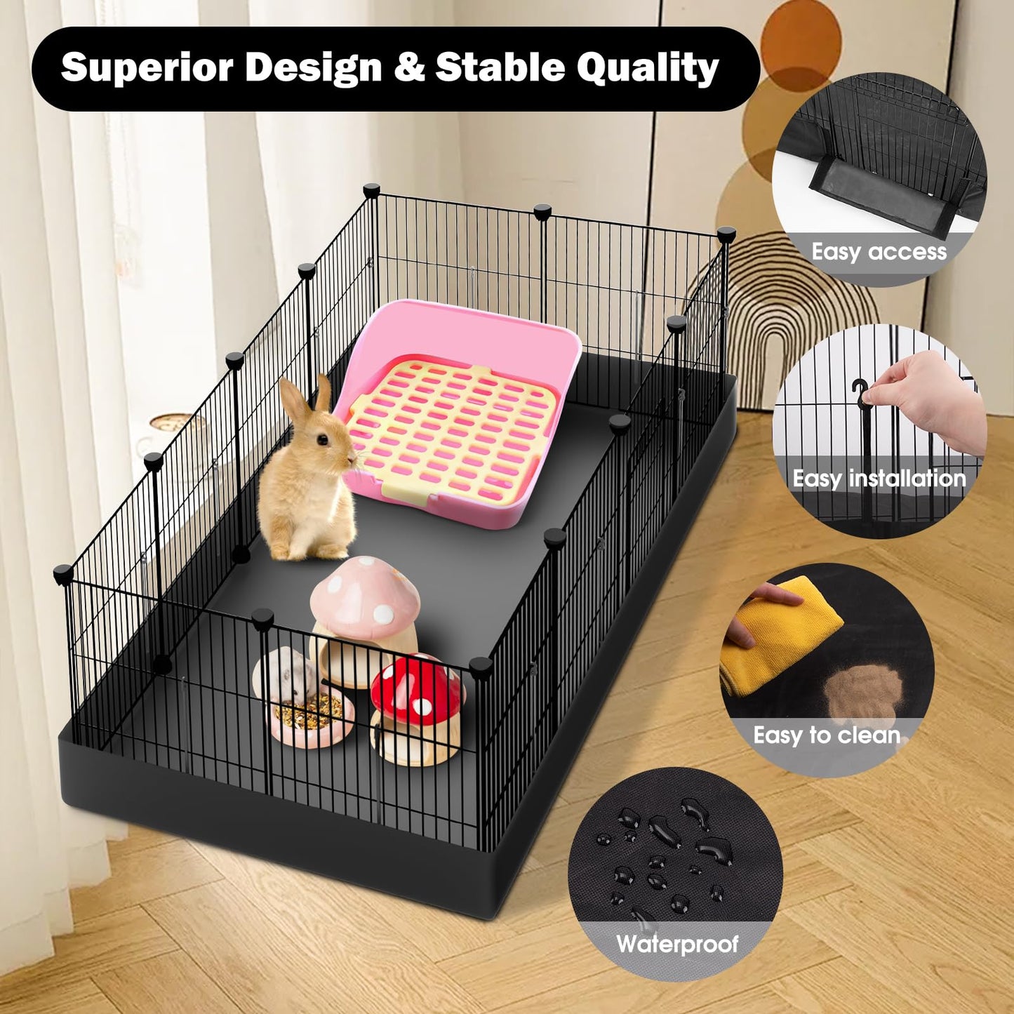 PAWING 12 Panels Small Animal Playpen with Waterproof Mat - Durable Metal Wire Yard Fence for Guinea Pigs, Rabbits, Kittens, Puppies, Hamsters, and Hedgehogs - Indoor & Outdoor Pet Cage