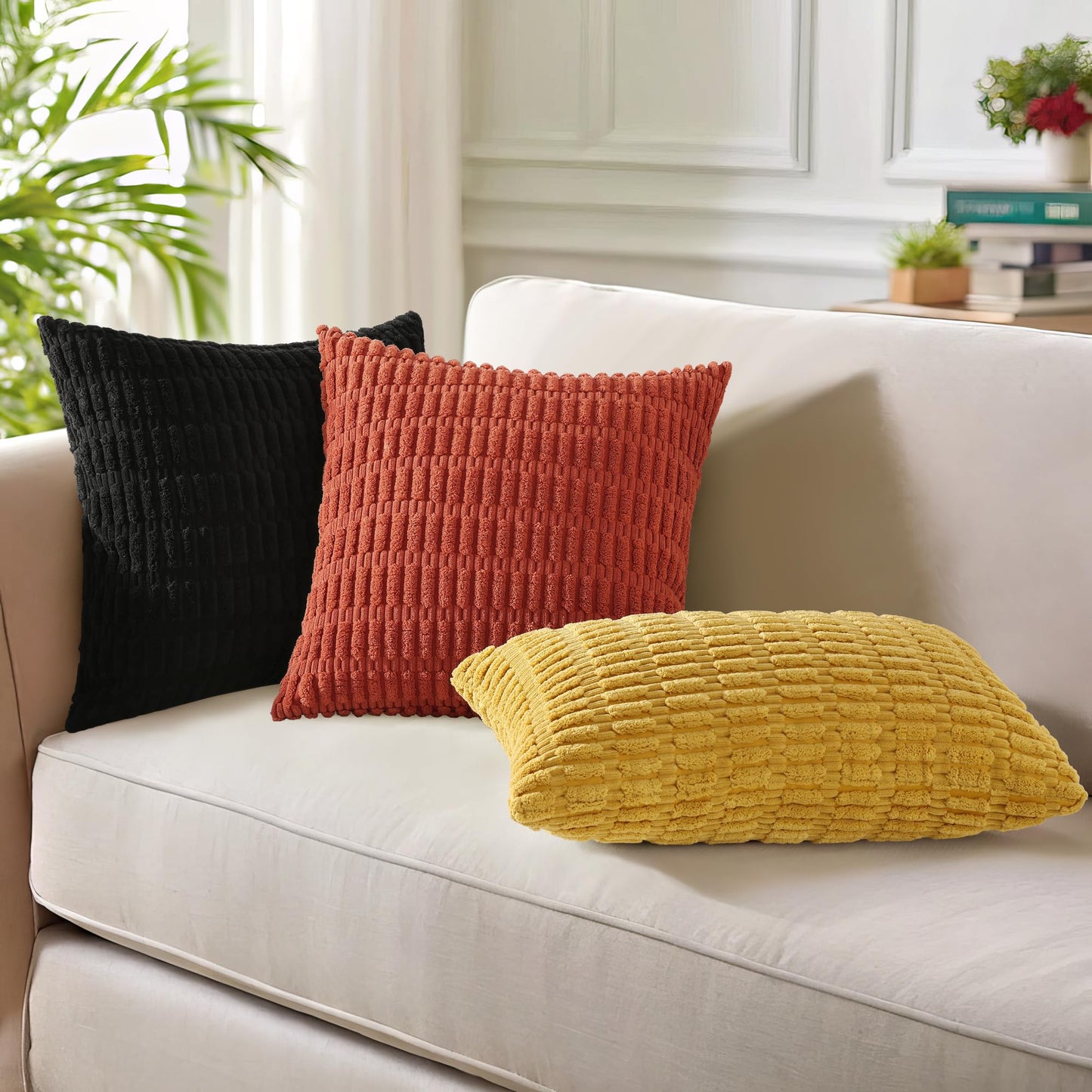 decorUhome Rust Neutral Decorative Fall Throw Pillow Covers 24x24 Inch Set of 2, Boho Soft Corduroy Striped Square Pillow Covers Modern Twill Pillow Covers for Couch Bed Sofa Living Room