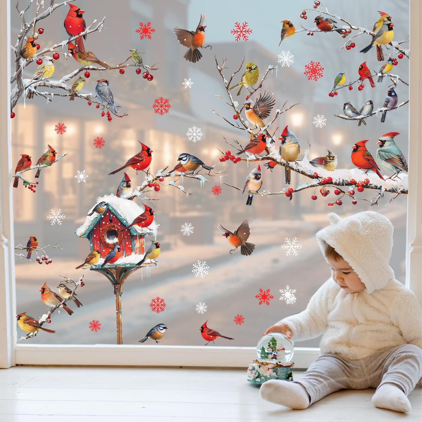 Winter Window Stickers Christmas Window Clings Indoor Outdoor Decoration Xmas Stickers for Winter Holiday Supplies Birds Tree Branch Window Decals for New Year Christmas Party Living Room Home Decor