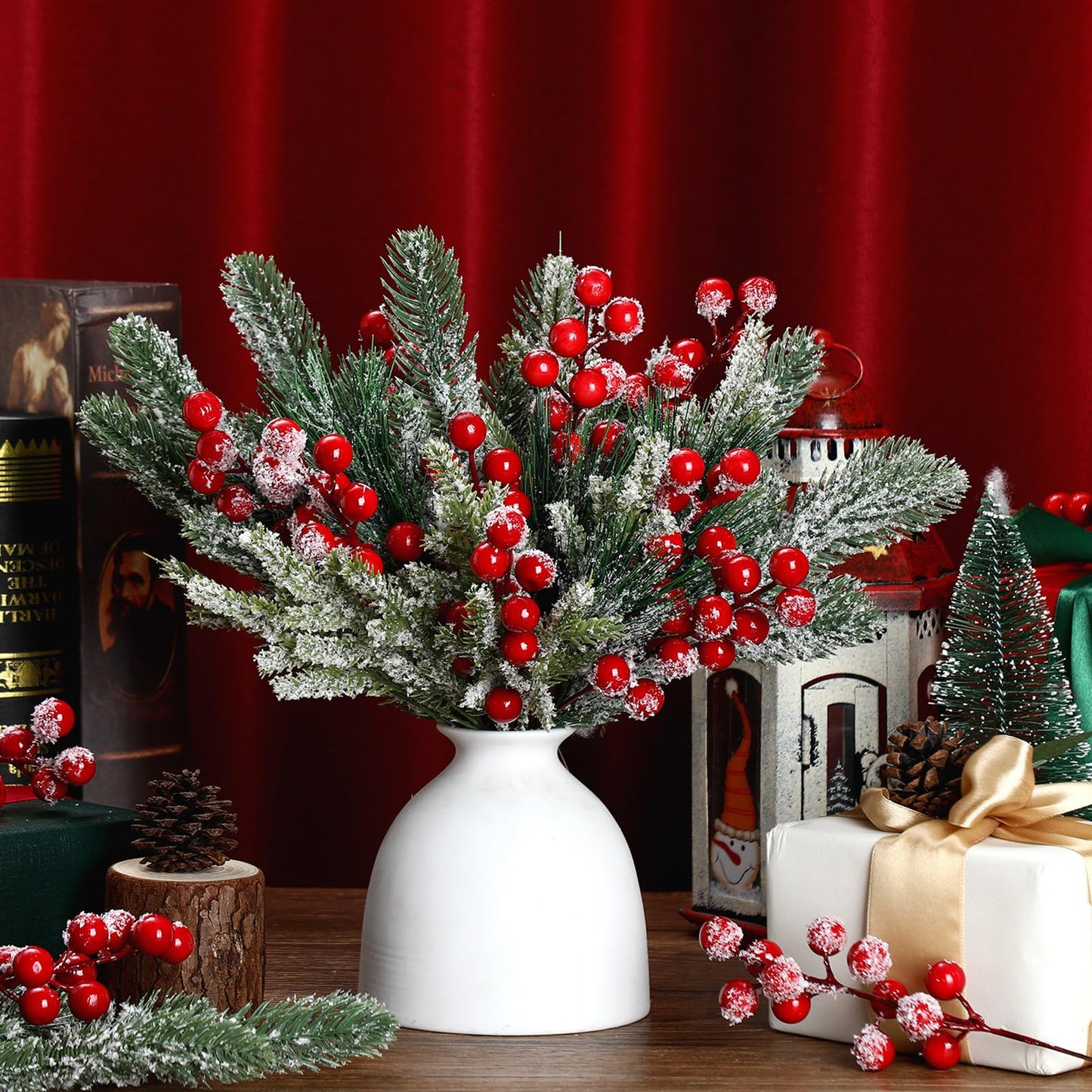 Lyrow 80 Pieces Christmas Snowy Pine Tree Picks Artificial Berry Stems Sprays Faux Cedar Pine Needles Branches for Holiday Arrangement Wreath DIY Garland Holiday Decor Winter Greenery (Red)