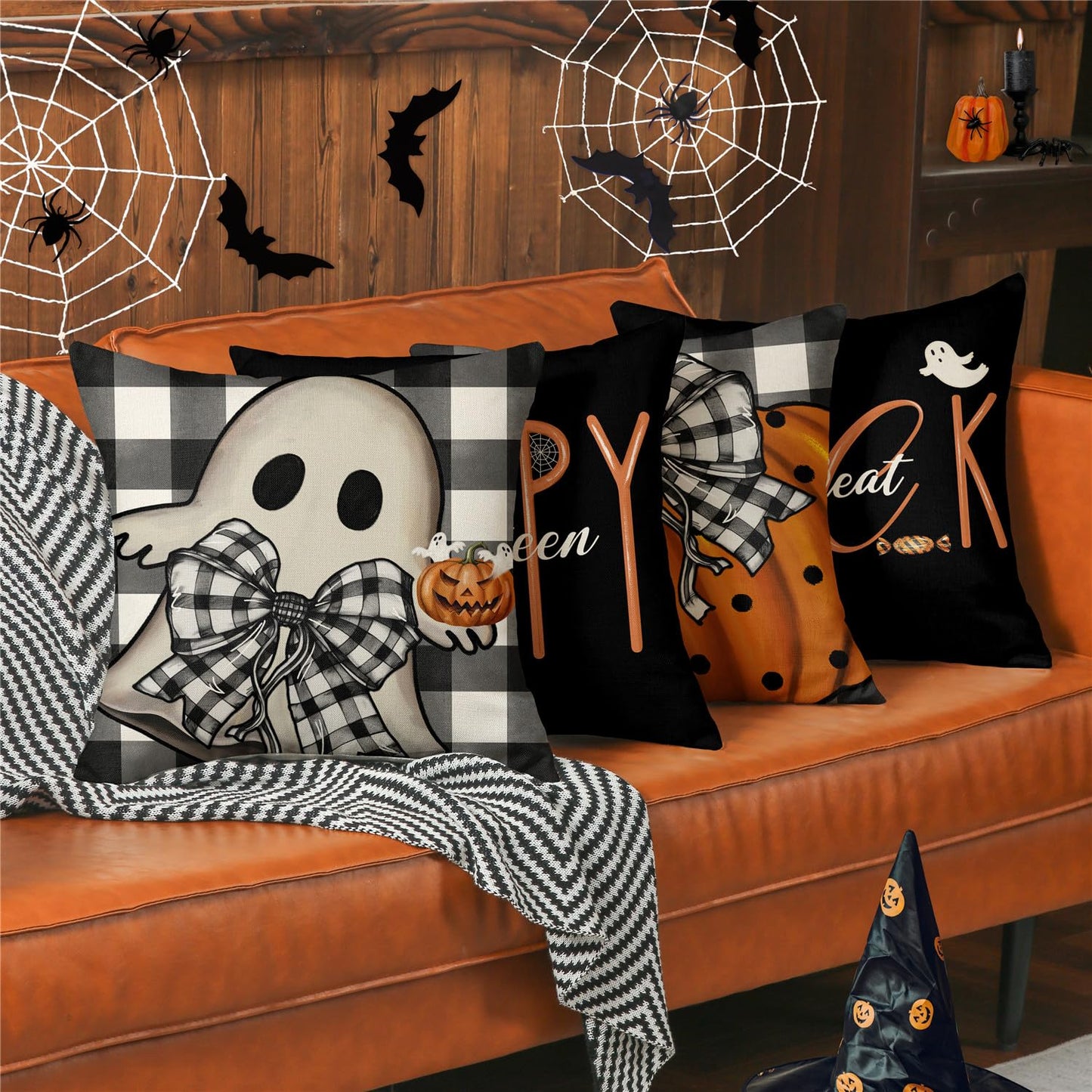 MODOVOS Halloween Pillow Covers 18x18 Set of 4 Buffalo Plaid Spooky Halloween Decorations Polka Dots Pumpkin Throw Pillow Covers Trick or Treat Cushion Case for Sofa Couch