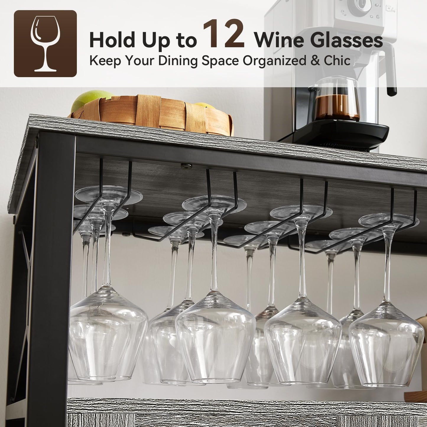 BedsPick 45.3" Buffet Cabinet with Storage, Farmhouse Sideboard Cabinet with Wine Glass Rack, Kitchen Accent Coffee Bar with Adjustable Shelf for Dining Living Room (Grey)