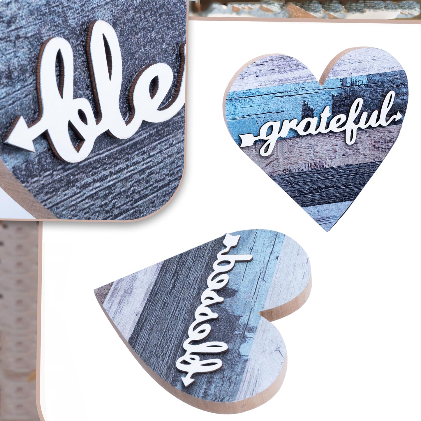 WTYONZEL 2 Pcs Rustic Wooden Table Heart Decor Signs for Home Decor - Farmhouse Valentine's Day Centerpiece, Freestanding Table Decor, Romantic Gifts (Grateful Style)