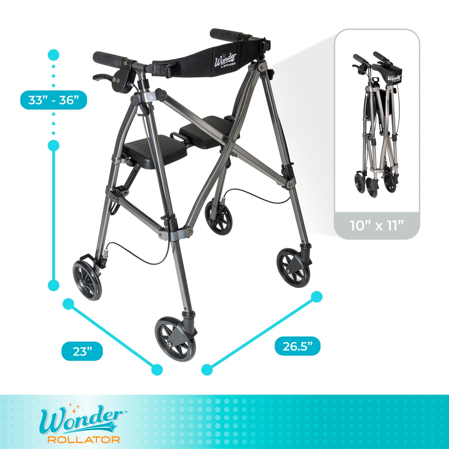Stander Wonder Rollator, Lightweight Folding Space Saver Mobility Rolling Walker for Seniors and Adults, 6-inch Wheels, Locking Brakes, and Padded Seat with Backrest, Black Walnut