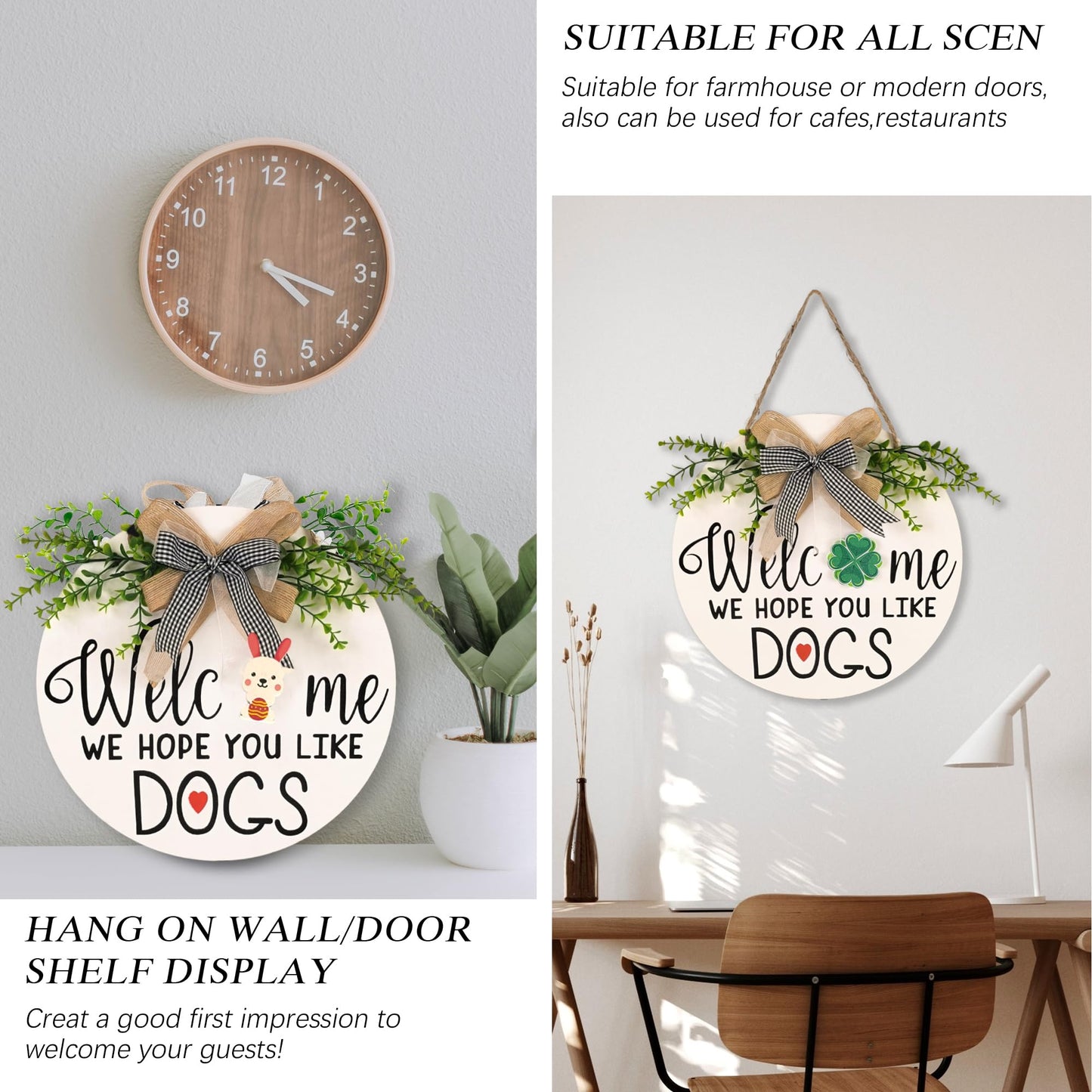 Interchangeable Welcome Wreath Sign for Front Porch Decor -Farmhouse Round Wood Wreaths Wall Hanging We Hope You Like Dogs Signs, Housewarming Gifts for All Seasons Halloween Christmas Home Decoration