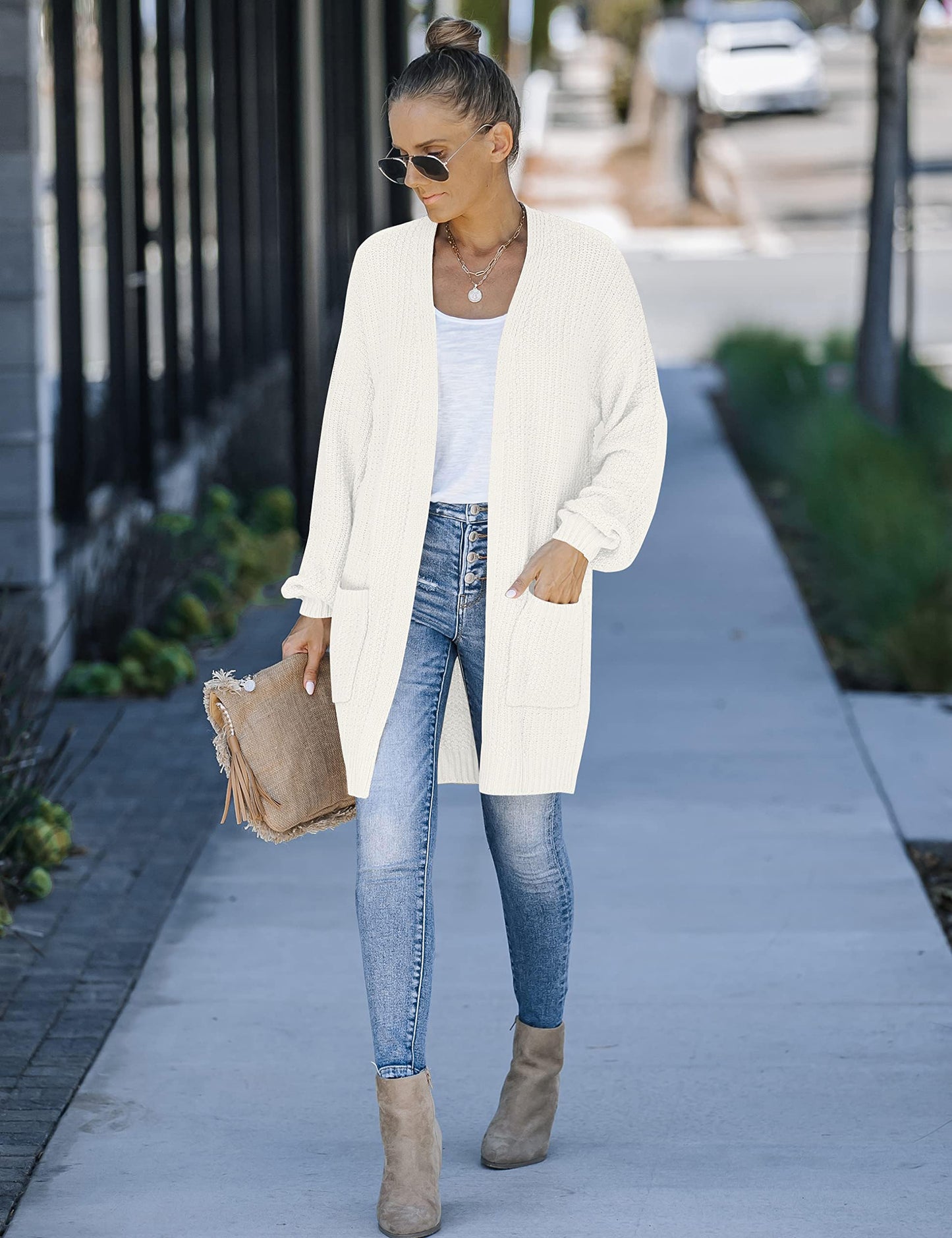 MEROKEETY Women's 2025 Fall Open Front Chunky Knit Sweater Oversized Lantern Sleeve Cardigan Outwear, Beige, Medium