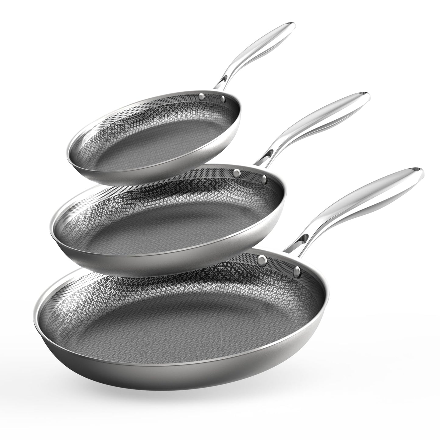 COOKER KING Non-toxic Frying Pans Set of 3 (8+10+12 Inch), Tri Ply Stainless Steel Pans, Induction Pan Set, Chef's Pan, Skillets Dishwasher & Oven Safe, Stay-Cool Handles, Compatible with All Cooktops