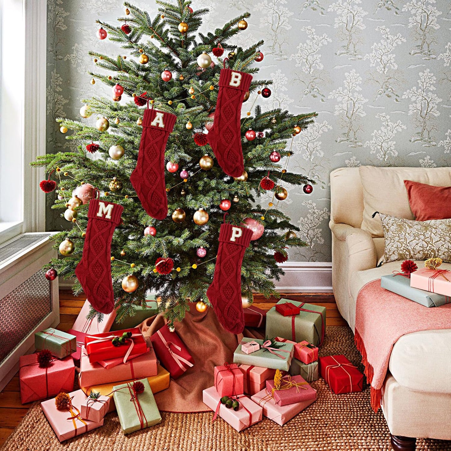 TETOU Monogram Christmas Stockings with Initials Letter 18" Stockings for Christmas Party Decoration (Red K)