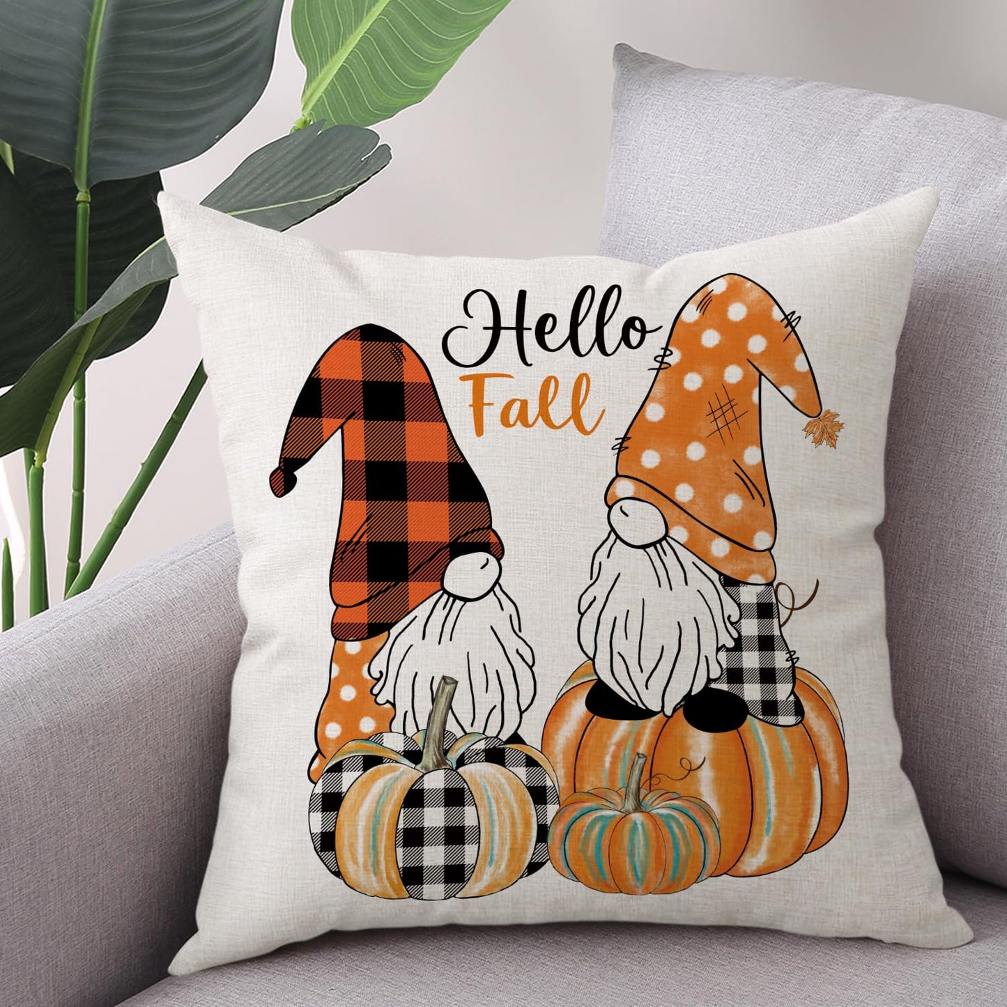 Gujiahone Fall Decor Pillow Covers 18x18 Inch Set of 4 Buffalo Check Plaid Pumpkins Gnomes Truck Hello Fall Farmhouse Decorative Thanksgiving Home Autumn Cushion Covers for Couch