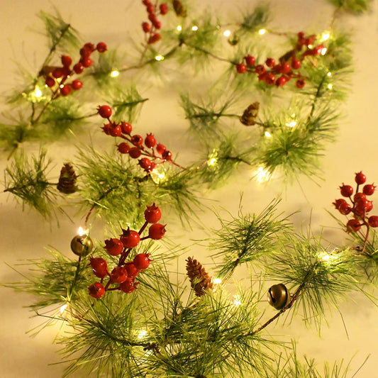 HamiFinee Christmas Garland with LED Fairy Lights Battery Operated Smokey Pine Garlands with 8 Flash Modes and Timer Red Berries Bells Pine Cones Green Garland Rustic Garlands for Xmas Holiday Home