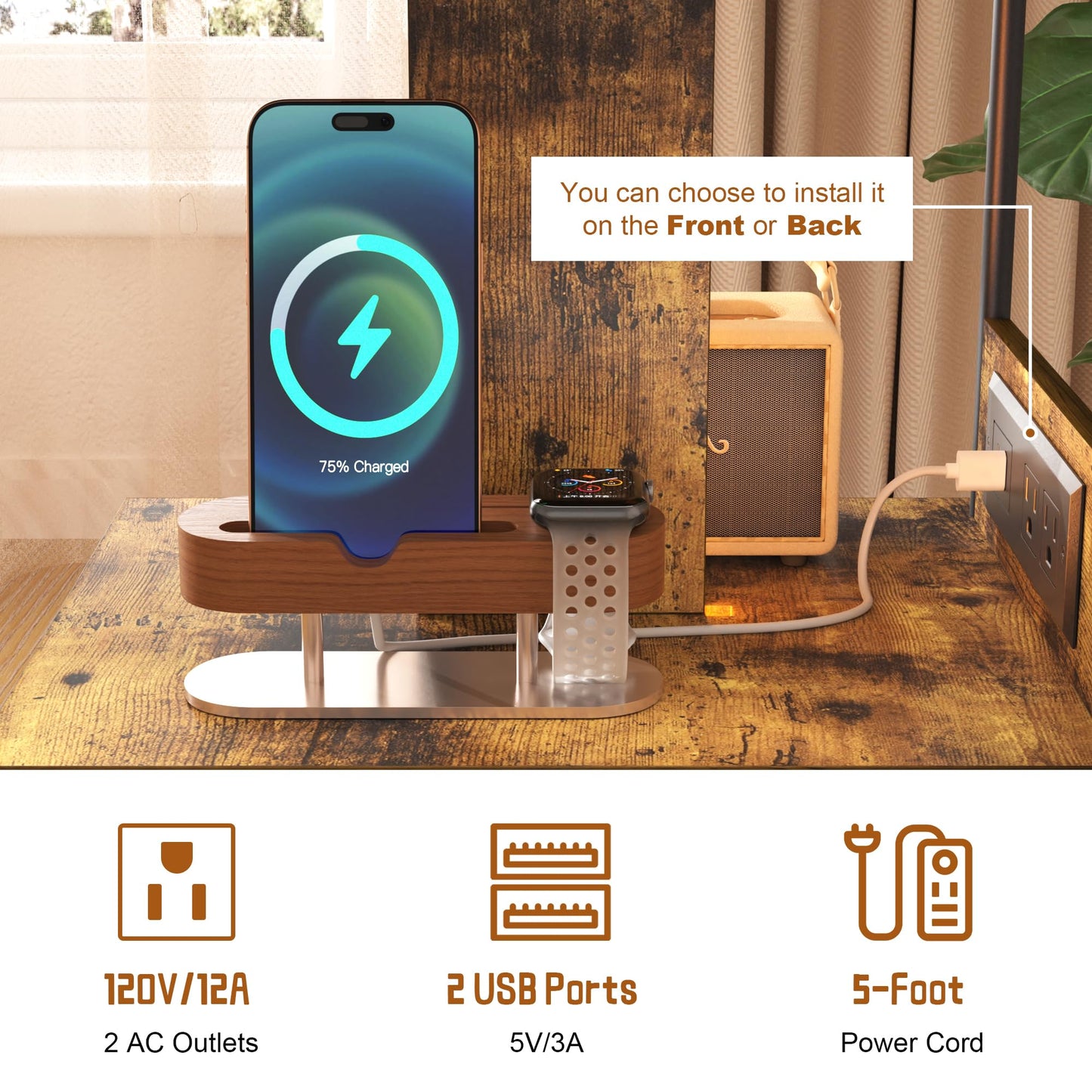 End Table with Charging Station & LED Lights, 3 Tier Movable Wooden Nightstand with Wheels Storage Shelves, Narrow Bedside Tables Side Table for Living Room Bedroom Home Office, Easy to Assemble