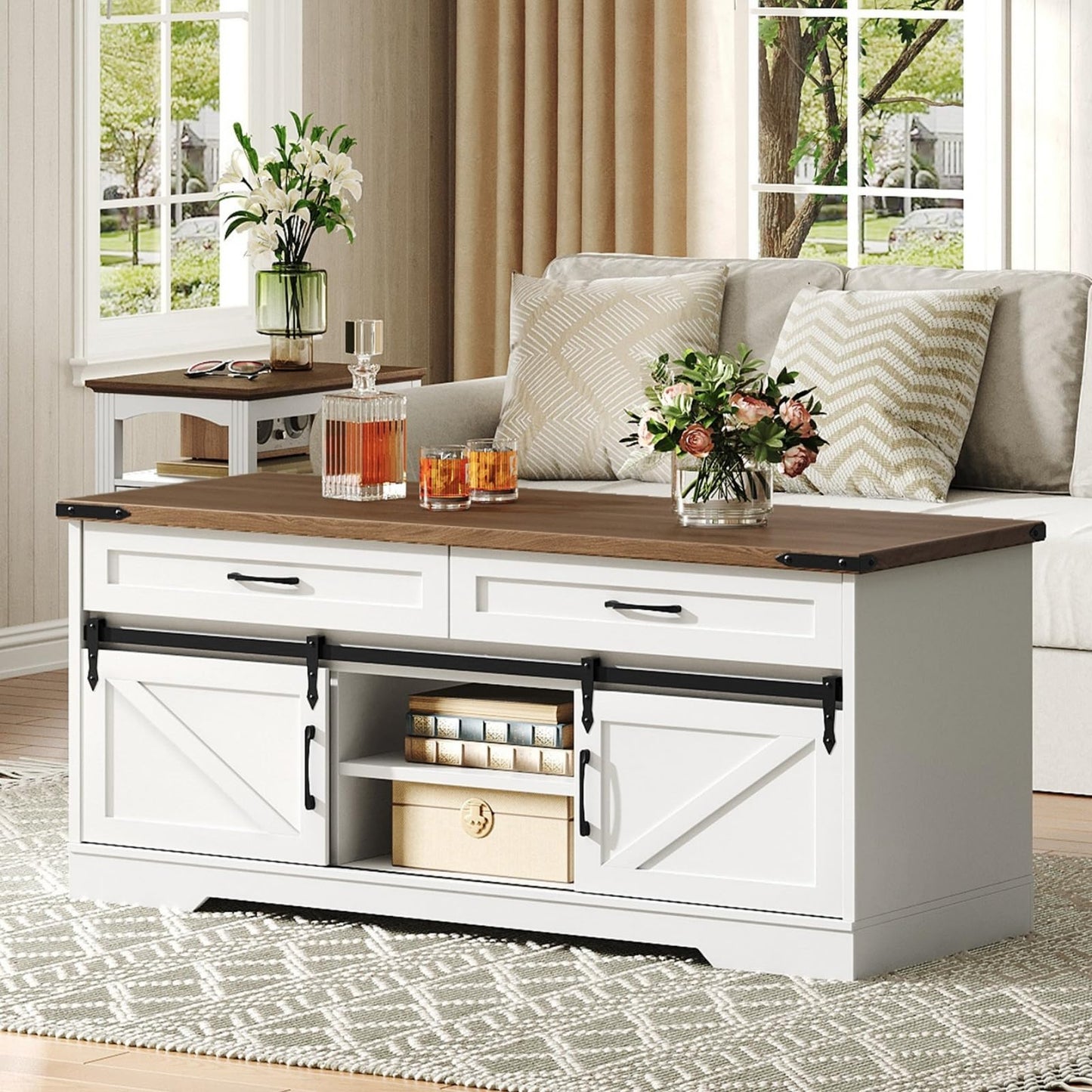 RALGEND 47" Farmhouse Coffee Table with Storage and Sliding Barn Doors, Large Rustic Center Table with 2 Drawers & Open Compartments, Wooden Coffee Table for Living Room, White and Walnut