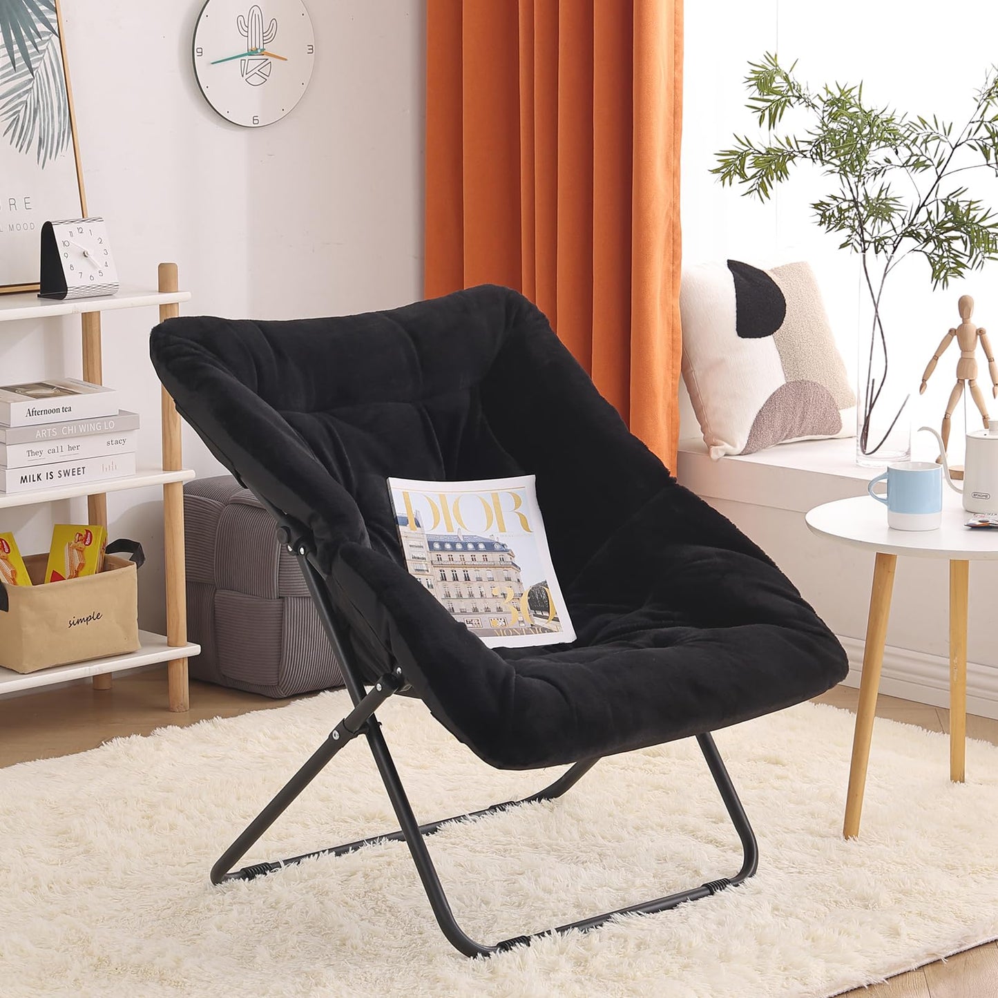 Furlide Oversized Folding Faux Fur Chair with Ottoman, X-Large Soft Saucer Chair, Foldable Metal Frame for Bedroom, Living Room, Balcony (Black)
