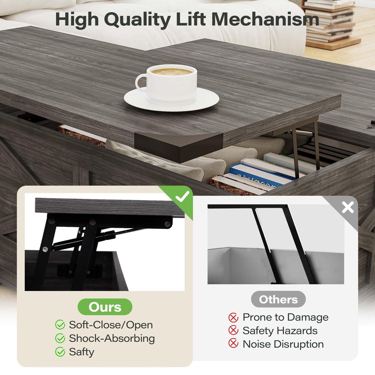 LAUSAINT HOME Farmhouse Lift Top Coffee Table with Large Hidden Storage Compartment, Wood Square Center Table with Lifting Top for Living Room, Home Office,Gray